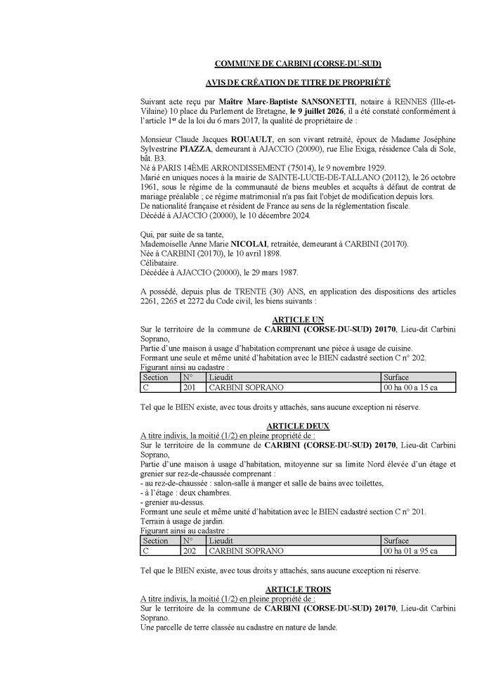 Avis de création de titre de propriété - Commune de Carbini (Pumonti)