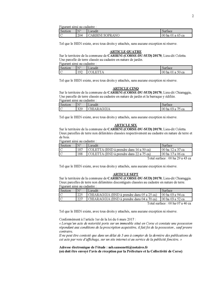 Avis de création de titre de propriété - Commune de Carbini (Pumonti)