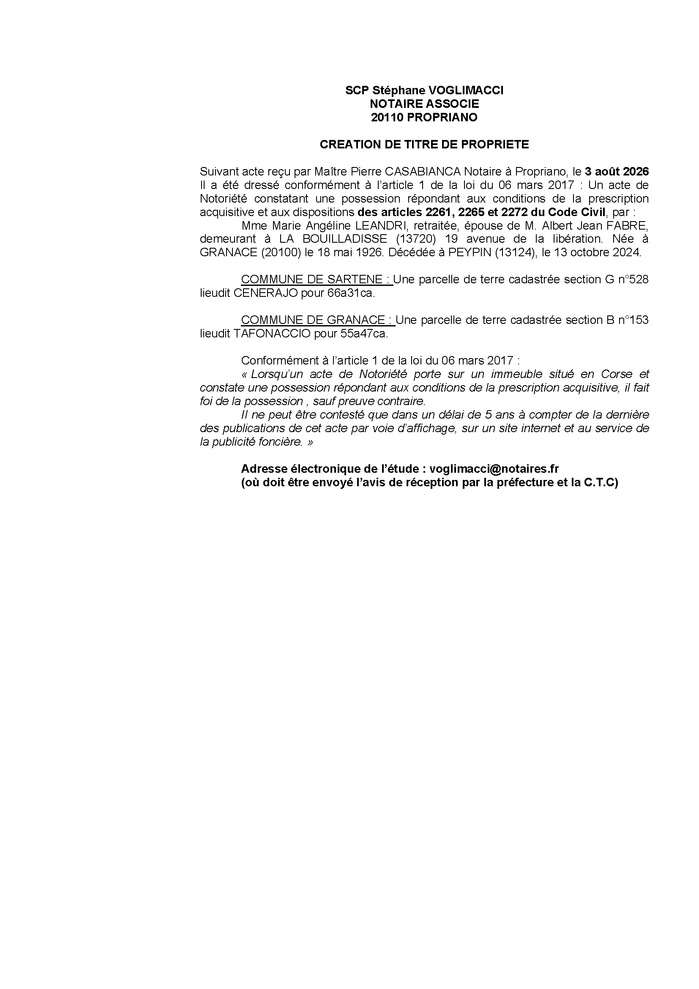 Avis de création de titre de propriété - Commune de Sartè et Granaccia (Pumonti)