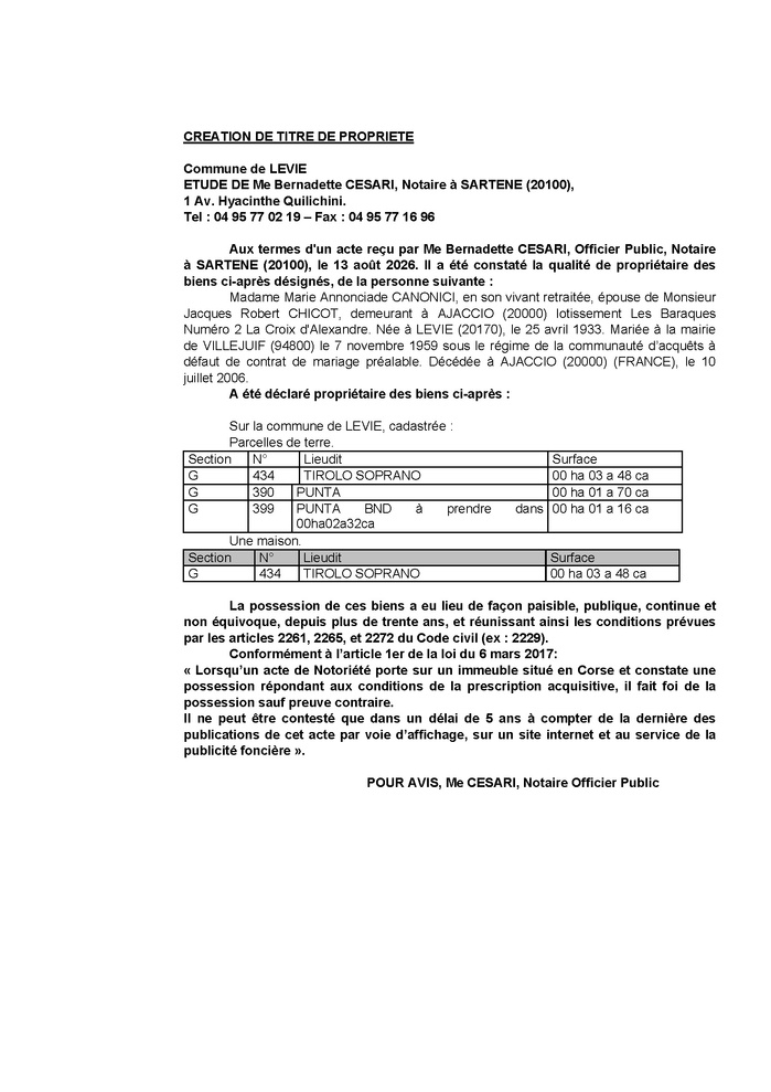 Avis de création de titre de propriété - Commune de Livia (Pumonti) Avis de création de titre de propriété - Commune de Livia (Pumonti)