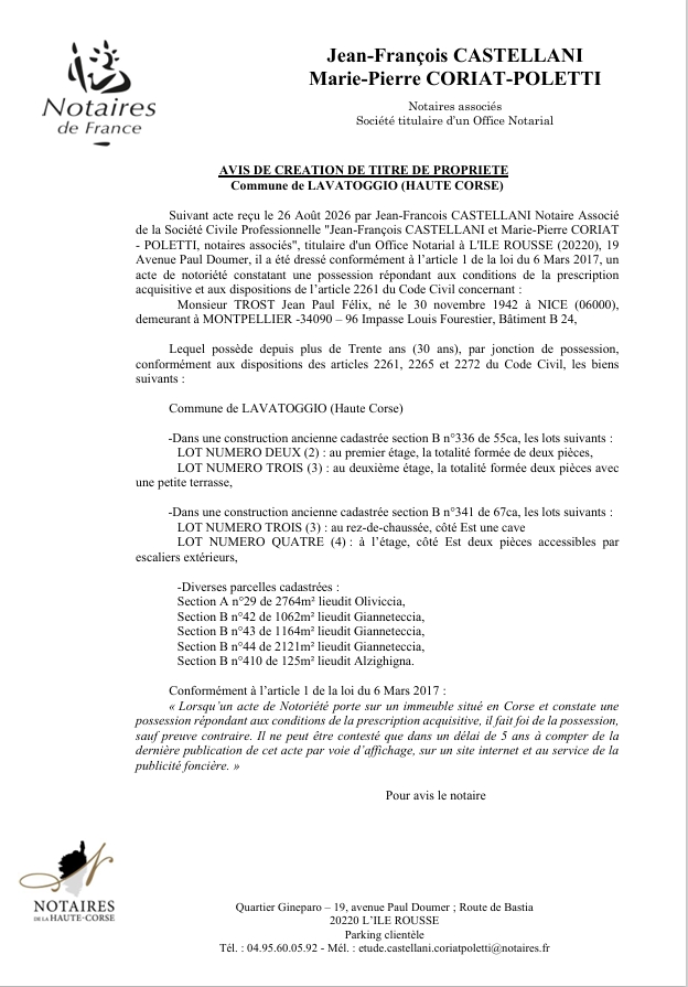  Avis de création de titre de propriété - Commune de Lavatoghju (Cismonte)