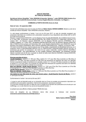 Avis de création de titre de propriété - Commune de Portivechju (Pumonte ) Avis de création de titre de propriété - Commune de Portivechju (Pumonte )