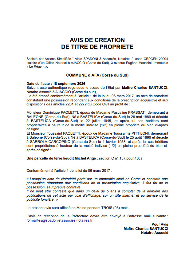   Avis de création de titre de propriété - Commune d'Afà (Pumonte)