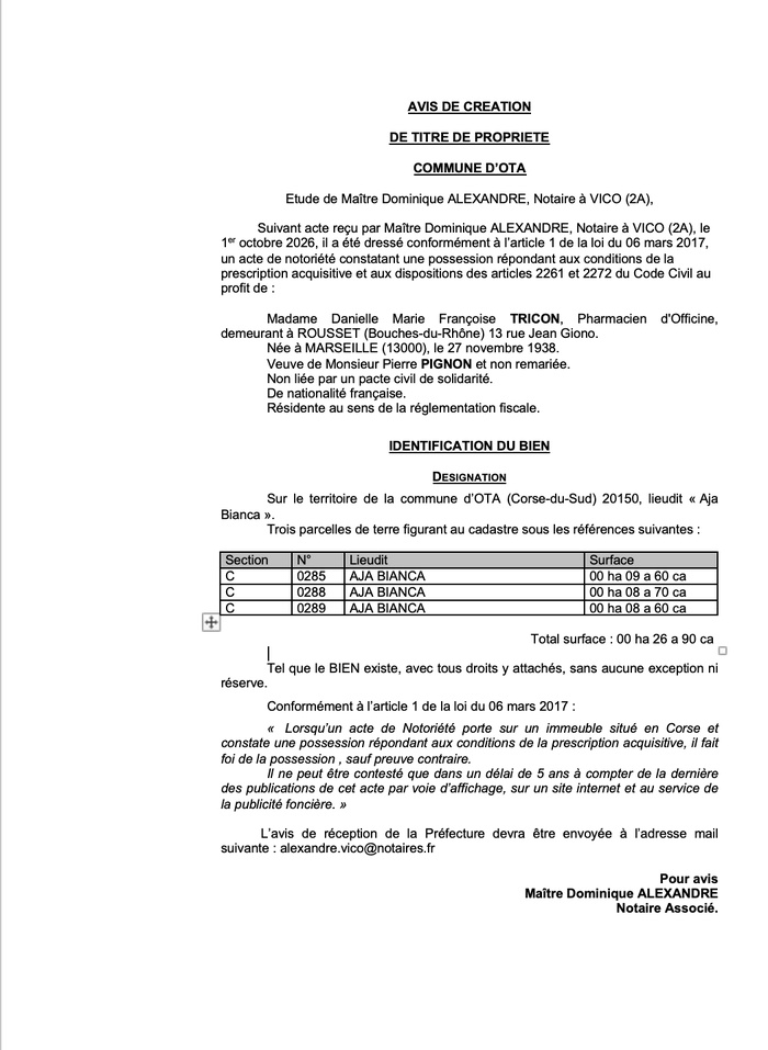 Avis de création de titre de propriété - Commune d'Ota (Pumonti) Avis de création de titre de propriété - Commune d'Ota (Pumonti)