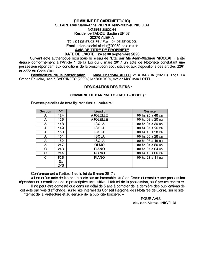  Avis de création de titre de propriété - Commune de U Carpinetu (Pumonte)