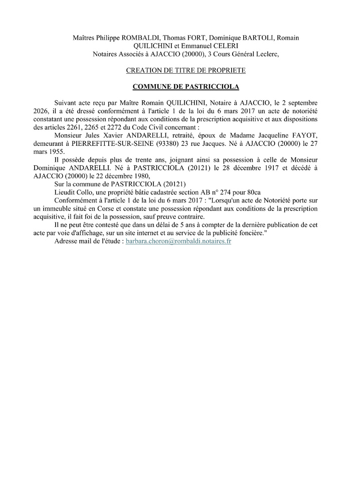 Avis de création de titre de propriété - Commune de A Pastricciola (Pumonti)