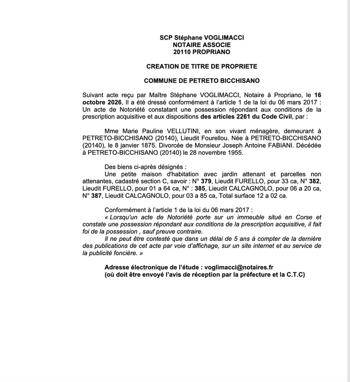 Avis de création de titre de propriété - Commune de Pitretu è Bicchisgià (Pumonte) Avis de création de titre de propriété - Commune de Pitretu è Bicchisgià (Pumonte)
