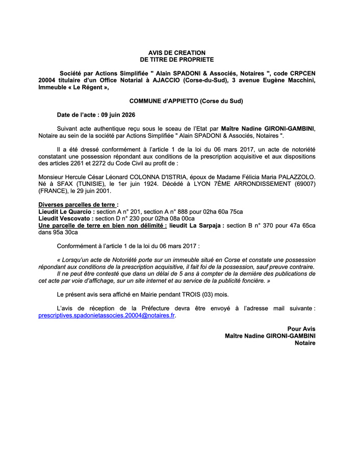 Avis de création de titre de propriété - Commune d'Appiettu (Pumonti) Avis de création de titre de propriété - Commune d'Appiettu (Pumonti)