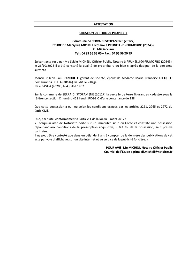 Avis de création de titre de propriété - Commune di A Sarra di Scupamena (Pumonti) Avis de création de titre de propriété - Commune di A Sarra di Scupamena (Pumonti)