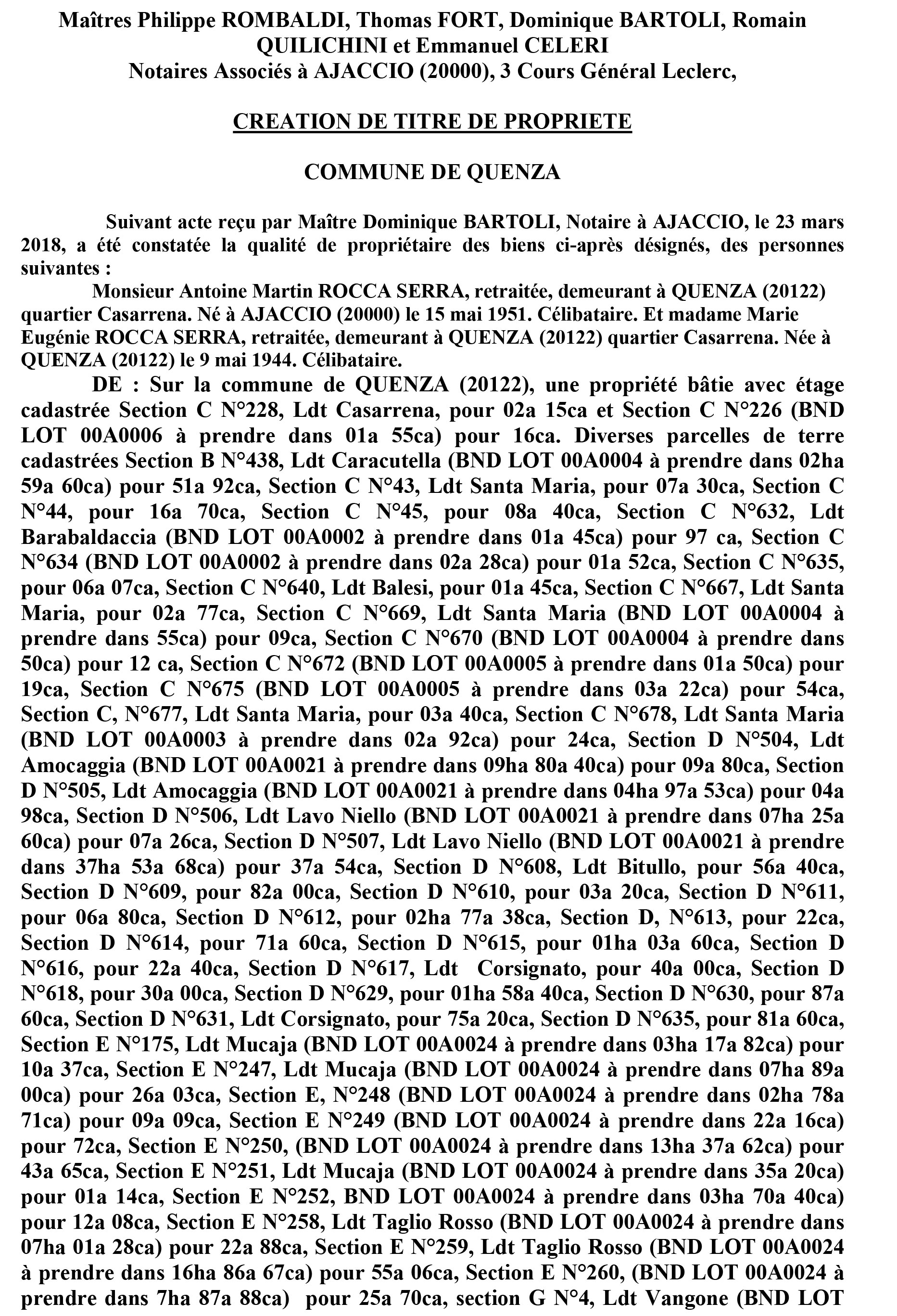 Avis de création de titre de propriété - commune de Quenza (Corse du Sud)