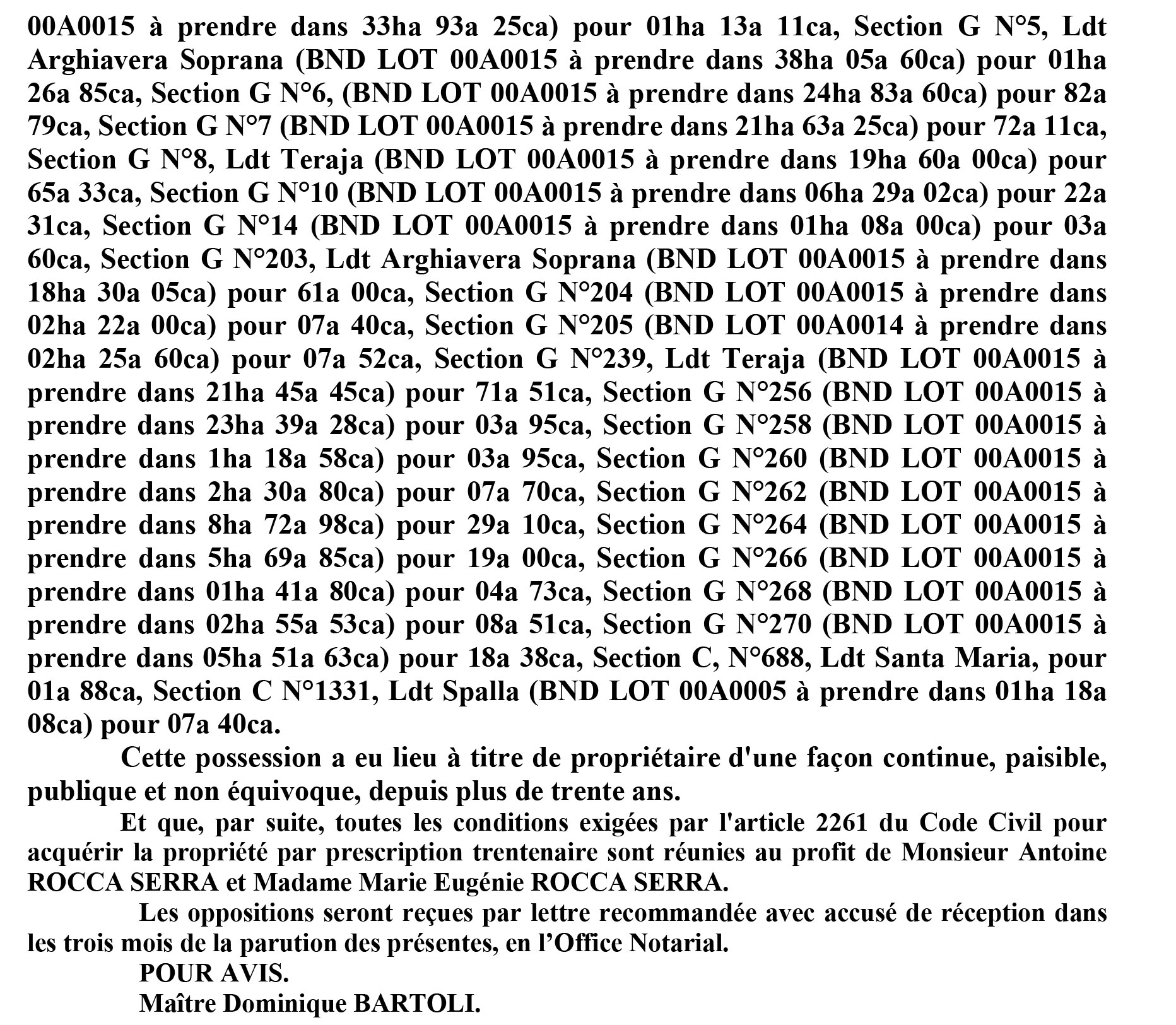 Avis de création de titre de propriété - commune de Quenza (Corse du Sud)