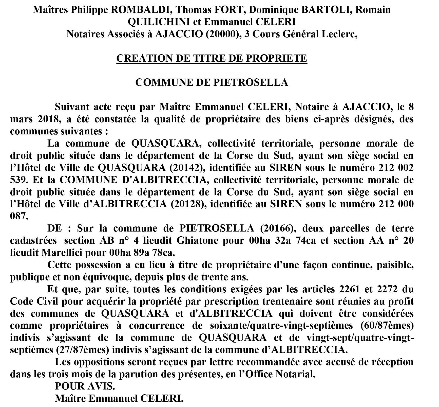 Avis de création de titre de propriété - commune de Pietrosella (Corse du Sud)