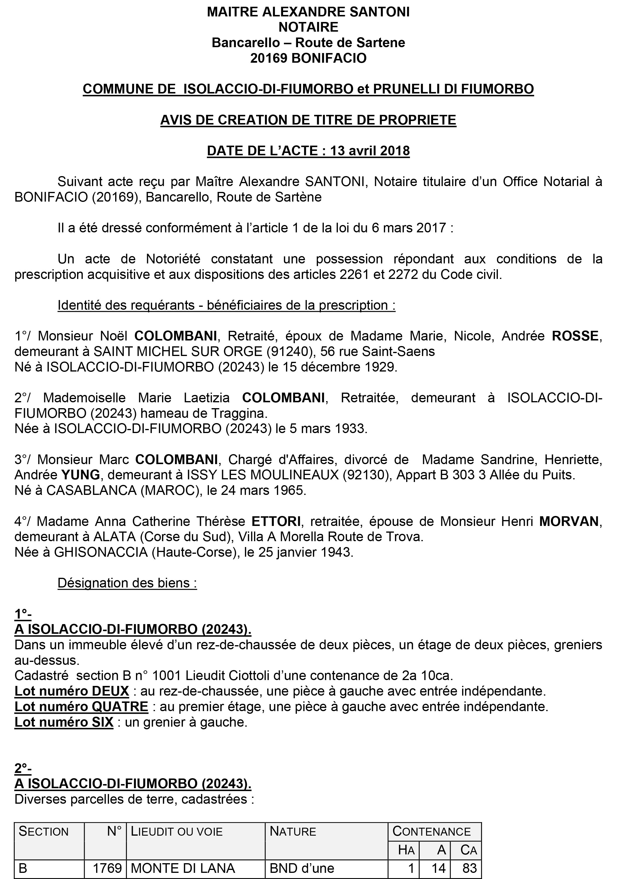 Avis de création de titre de propriété - communes de Isolaccio-di-Fiumorbu et Prunelli di Fiumorbu (Haute-Corse)