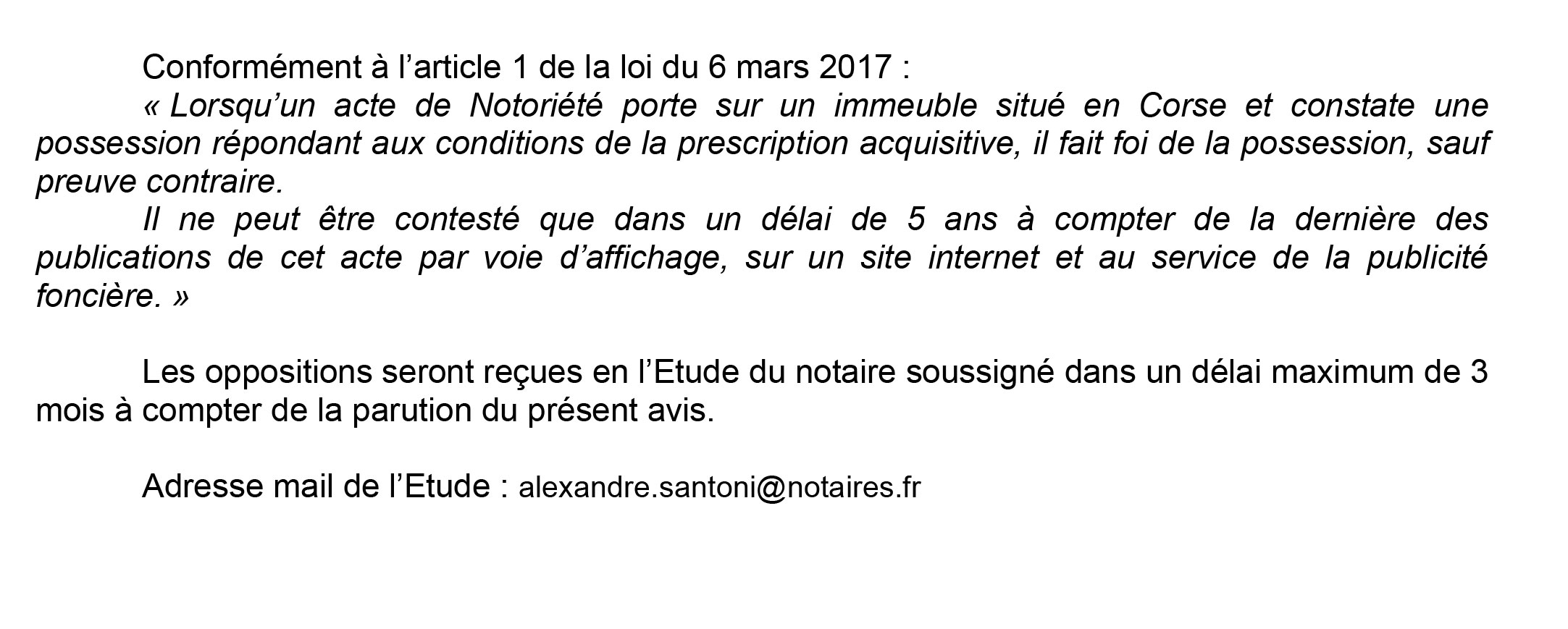 Avis de création de titre de propriété - commune de Porto Vecchio (Corse du Sud)