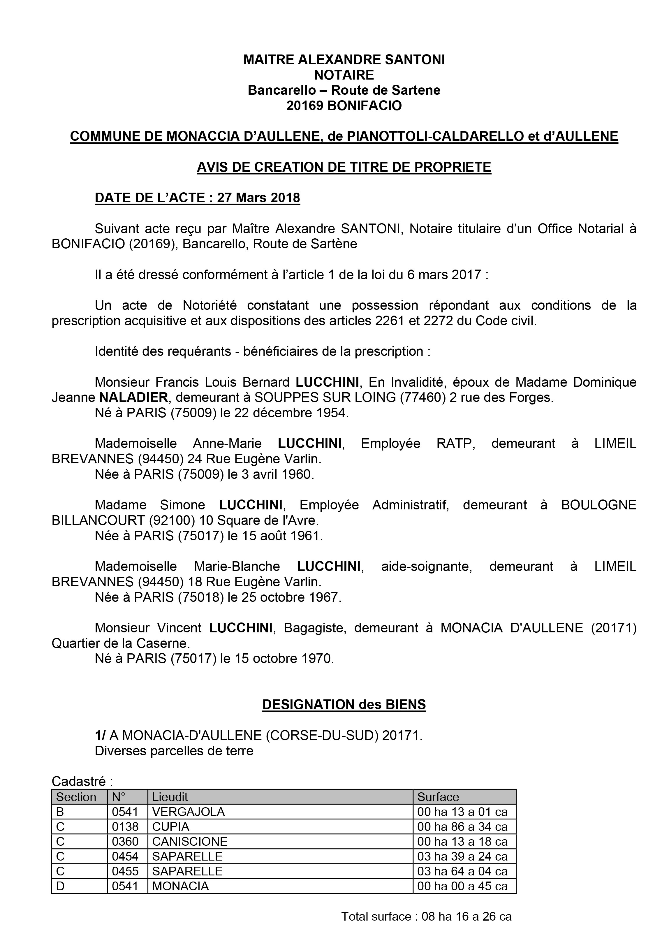 Avis de création de titre de propriété - communes de Monaccia d'Aullène, de Pianottoli-Caldarello et Aullène
