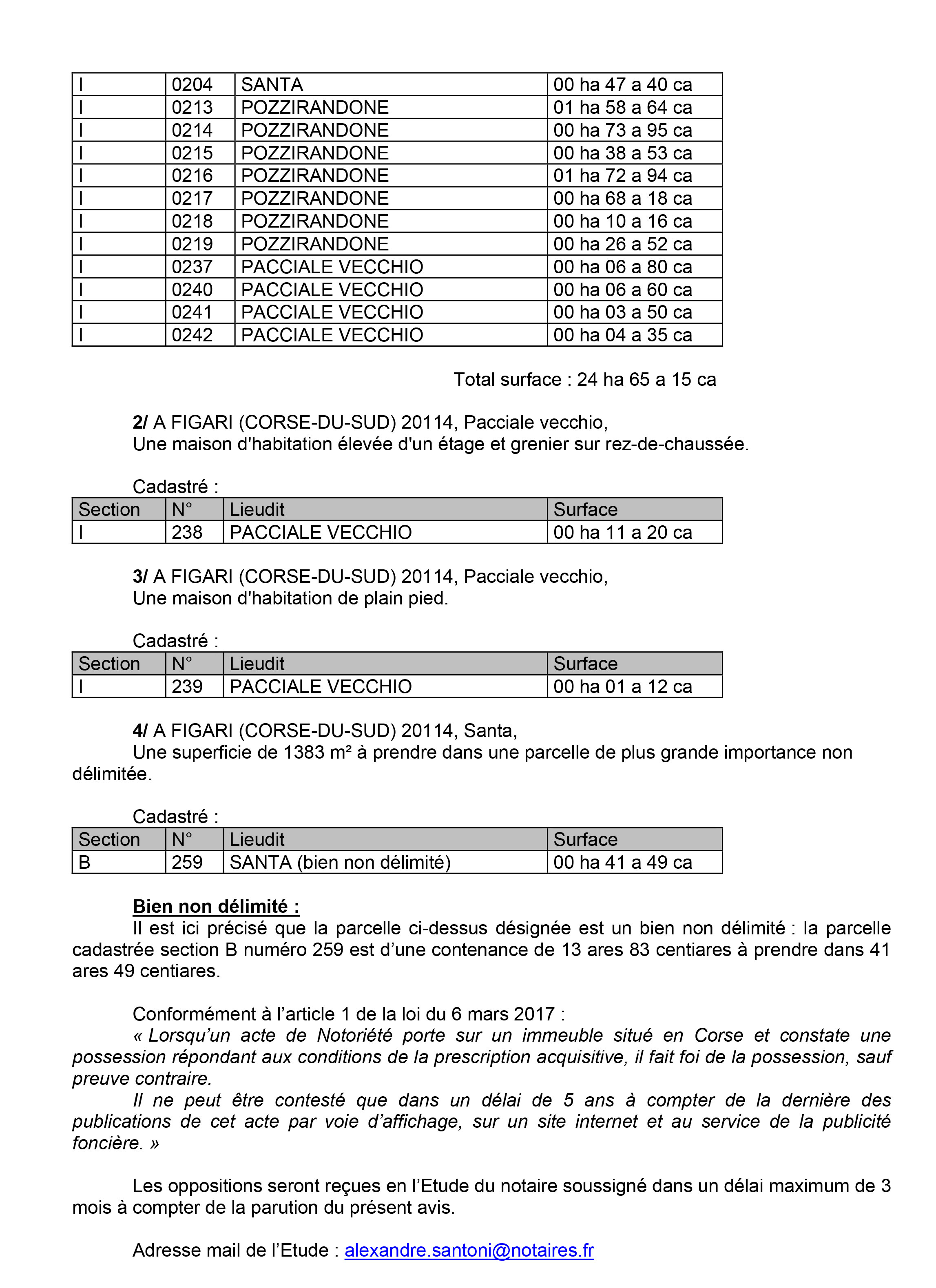 Avis de création de titre de propriété - commune de Figari (Corse du Sud)