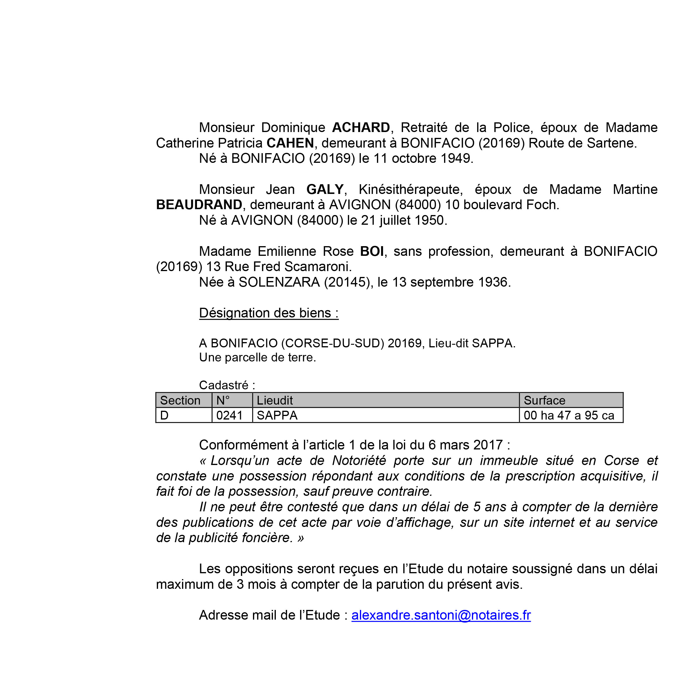 Avis de création de titre de propriété - commune de Bonifacio (Corse du Sud) Avis de création de titre de propriété - commune de Bonifacio (Corse du Sud)