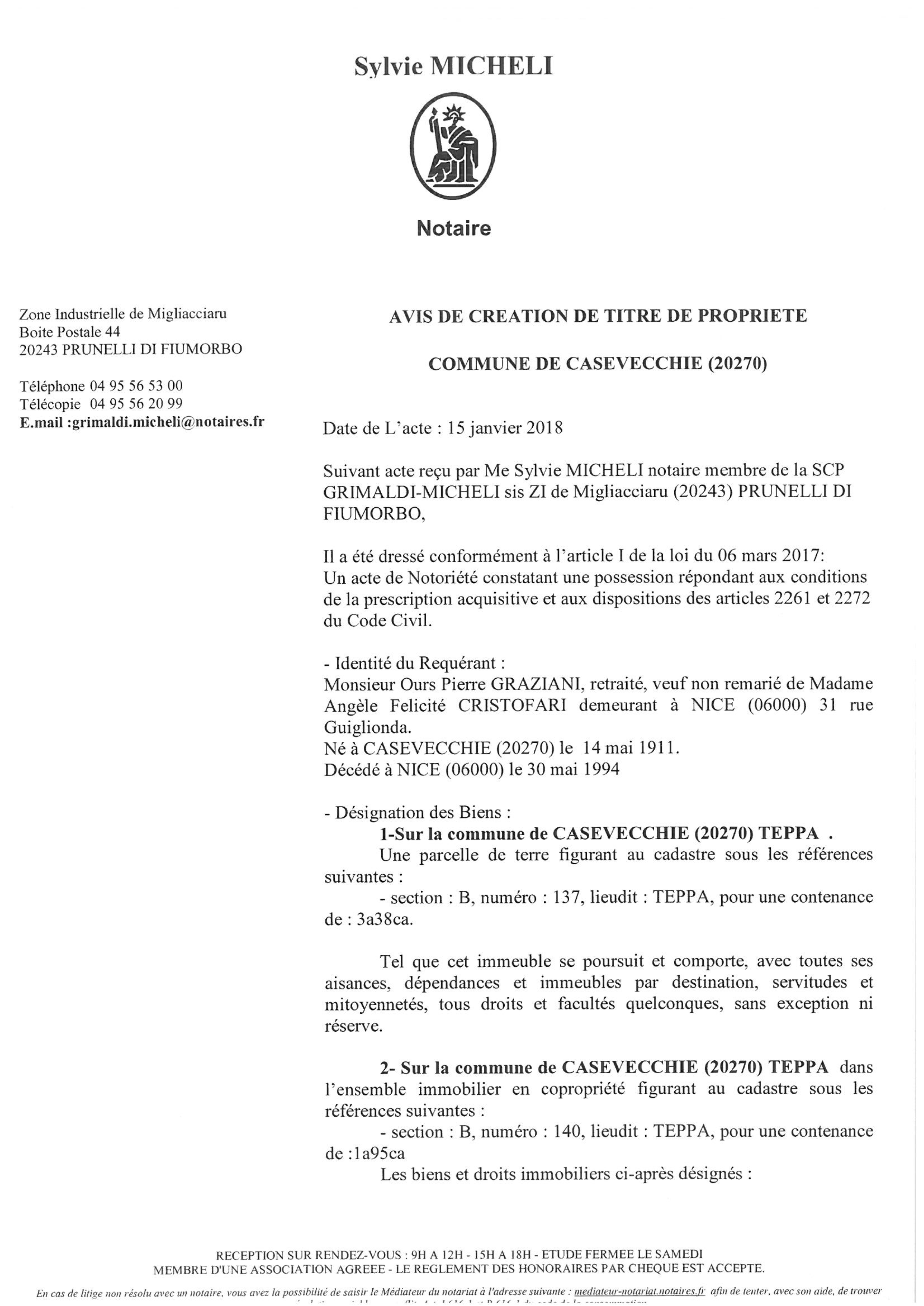 Avis de création de titre de propriété - commune de Casevecchie (Haute-Corse)