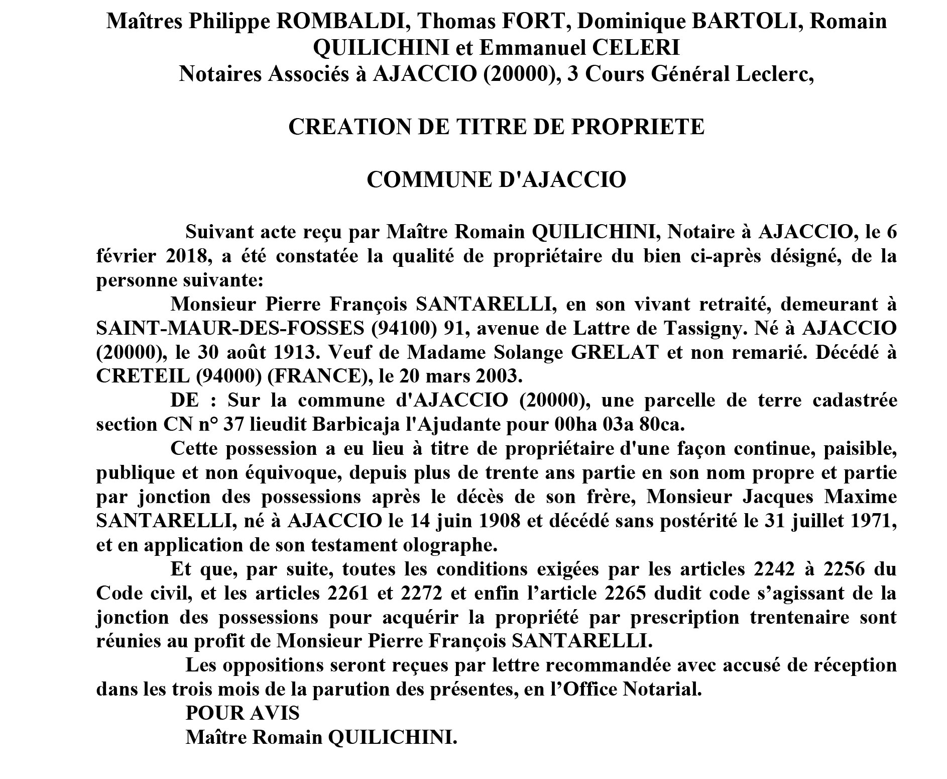 Avis de création de titre de propriété - commune d'Ajaccio (Corse du Sud)