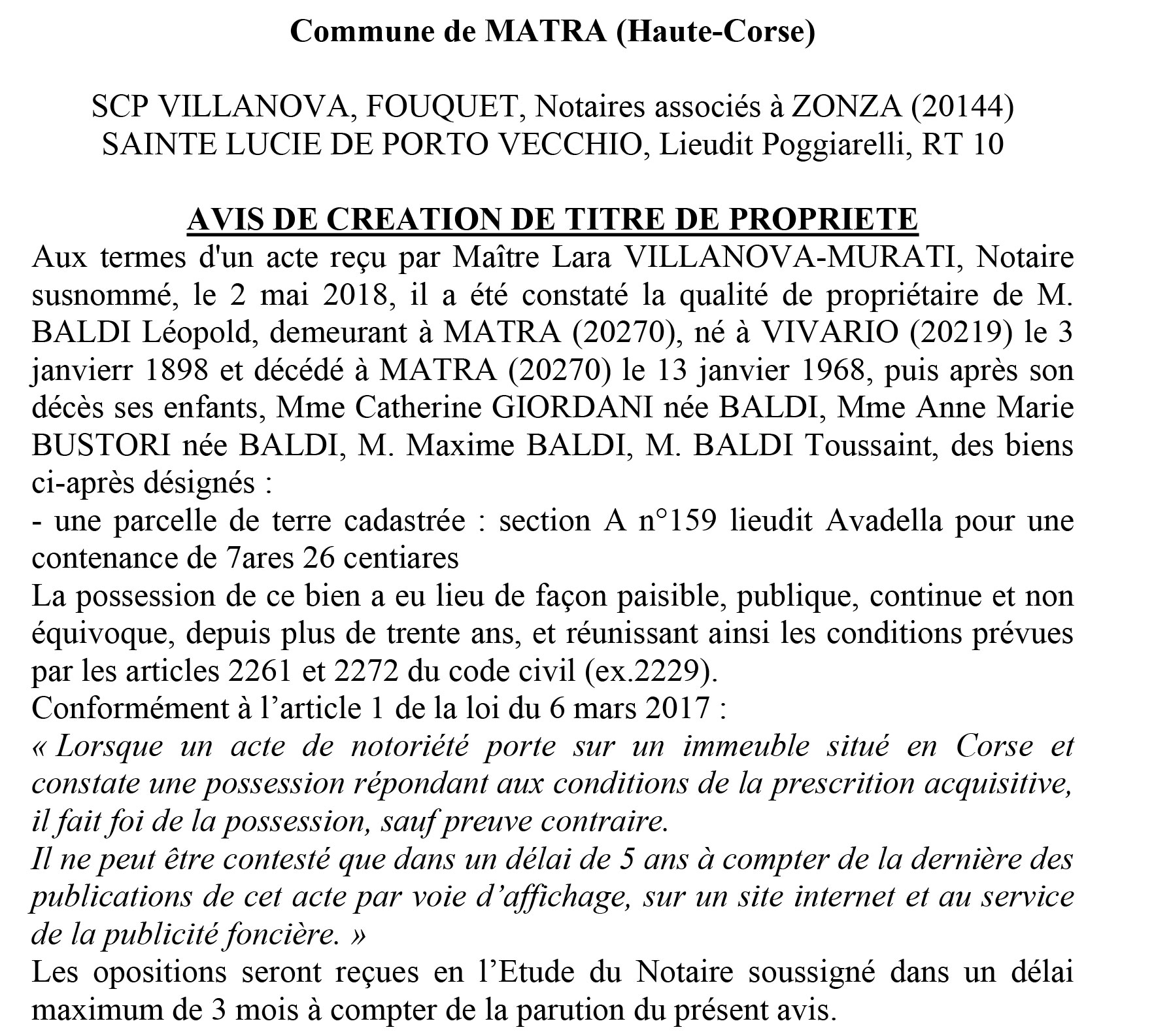 Avis de création de titre de propriété - commune de Matra (Haute-Corse)