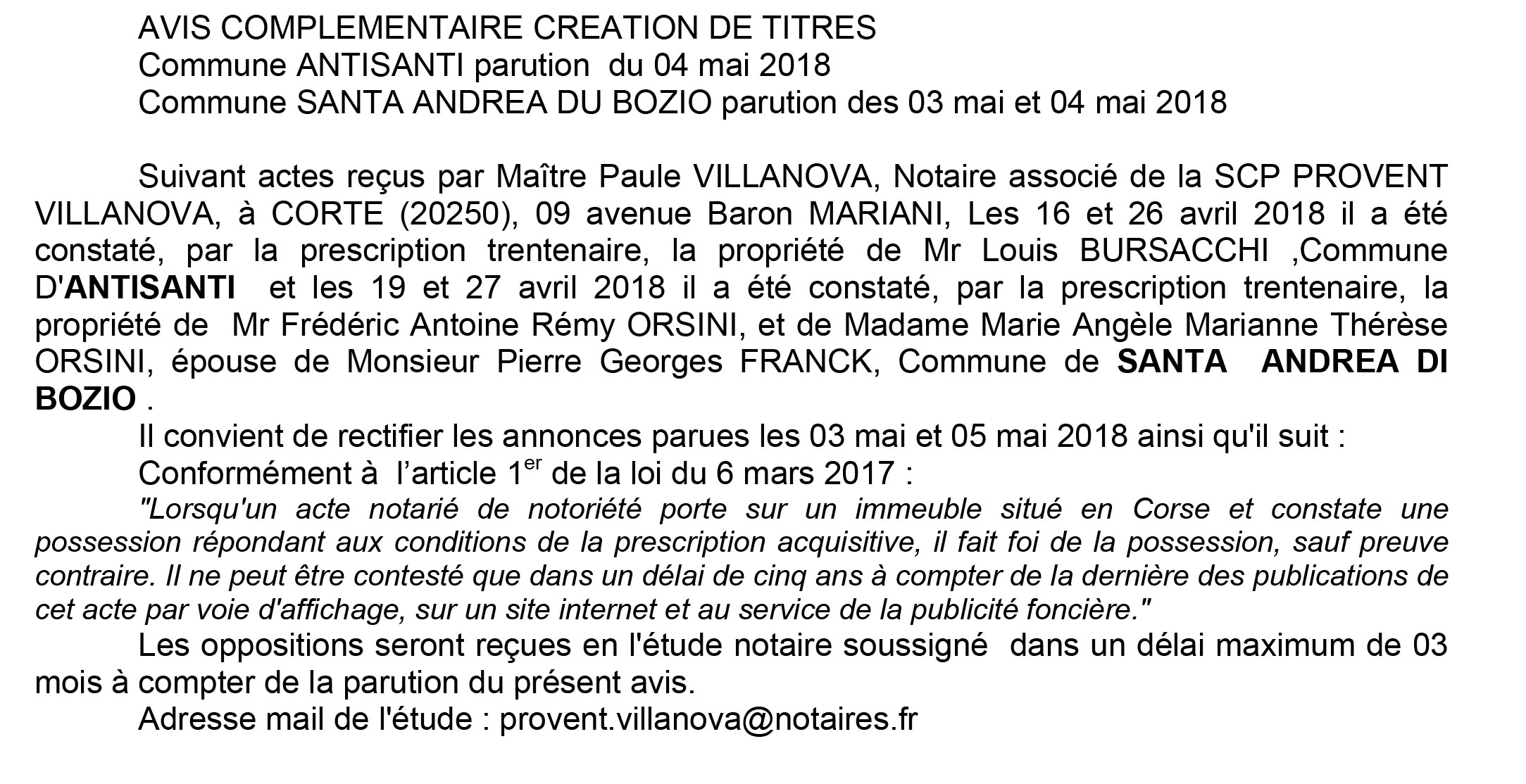 Avis de création de titre de propriété - commune de Sant'Andrea di Bozio (Haute-Corse)