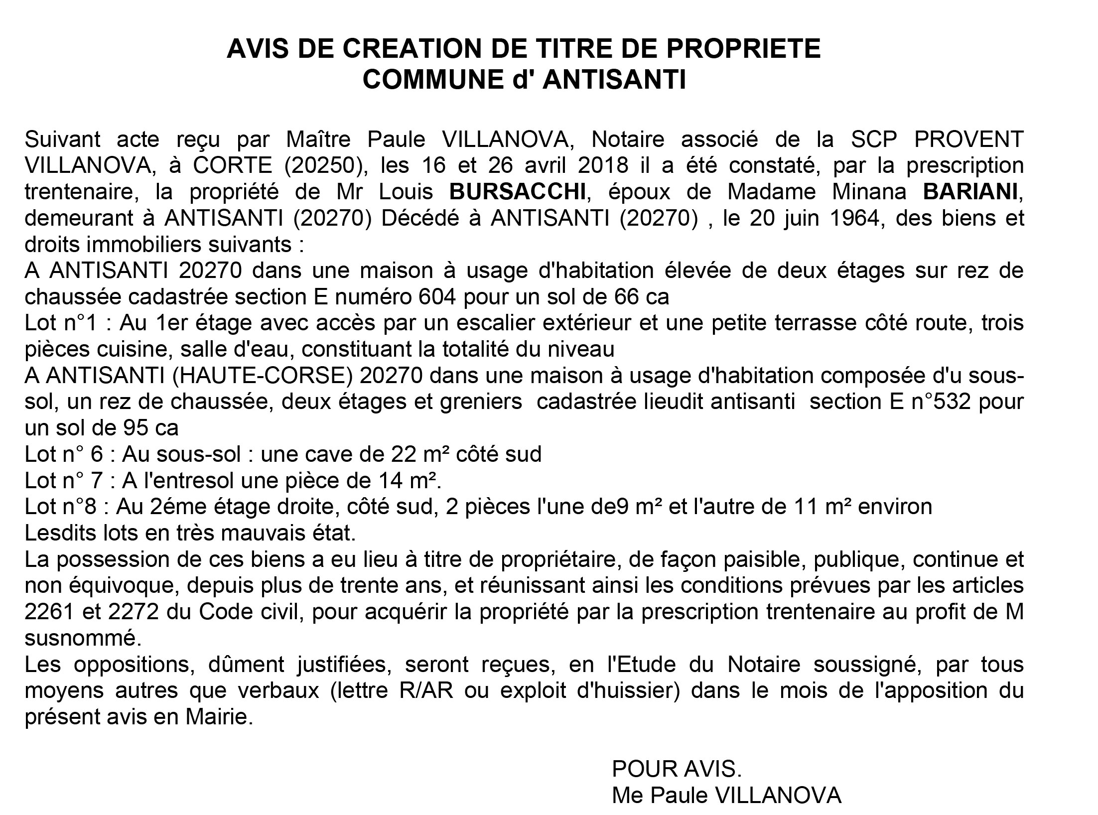 Avis de création de titre de propriété - commune d'Antisanti (Haute-Corse)