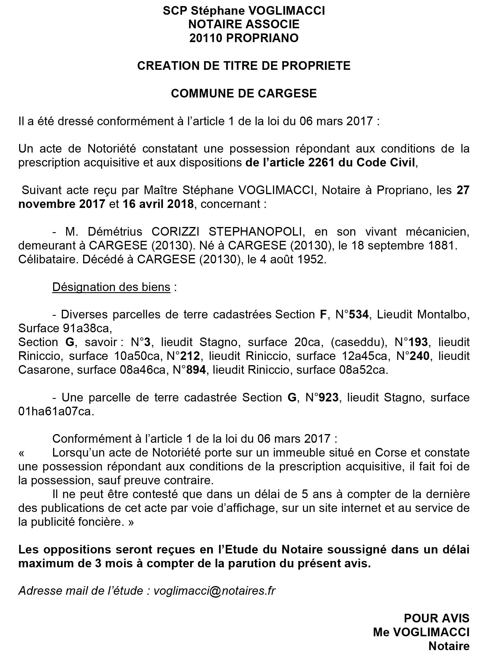Avis de création de titre de propriété - commune de Cargèse (Corse du Sud)