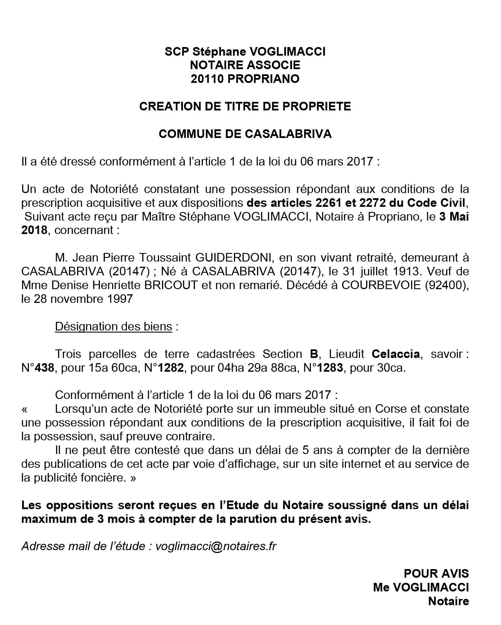 Avis de création de titre de propriété - commune de Casalabriva (Corse du Sud)