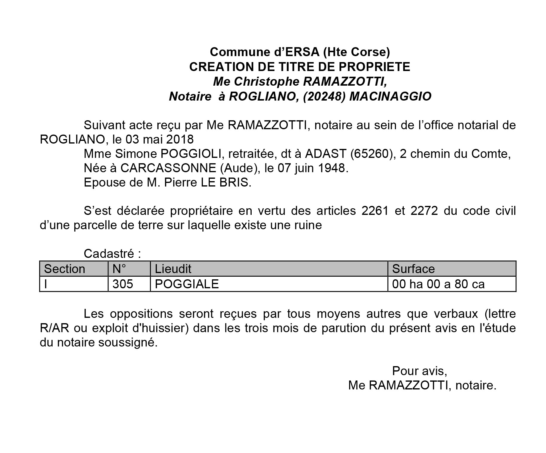 Avis de création de titre de propriété - commune d'Ersa (Haute-Corse)