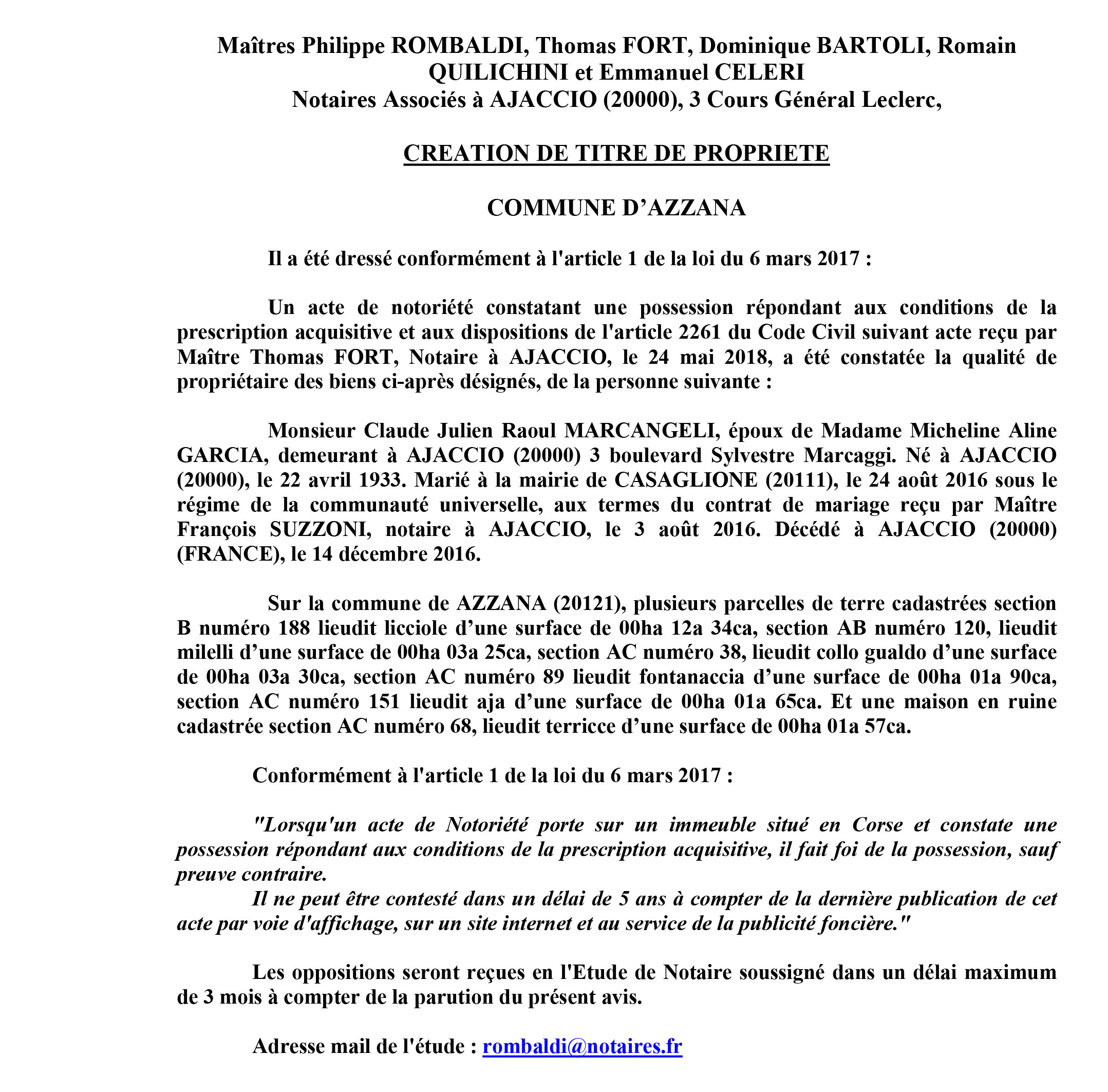 Avis de création de titre de propriété - commune d'Azzana (Corse du Sud)