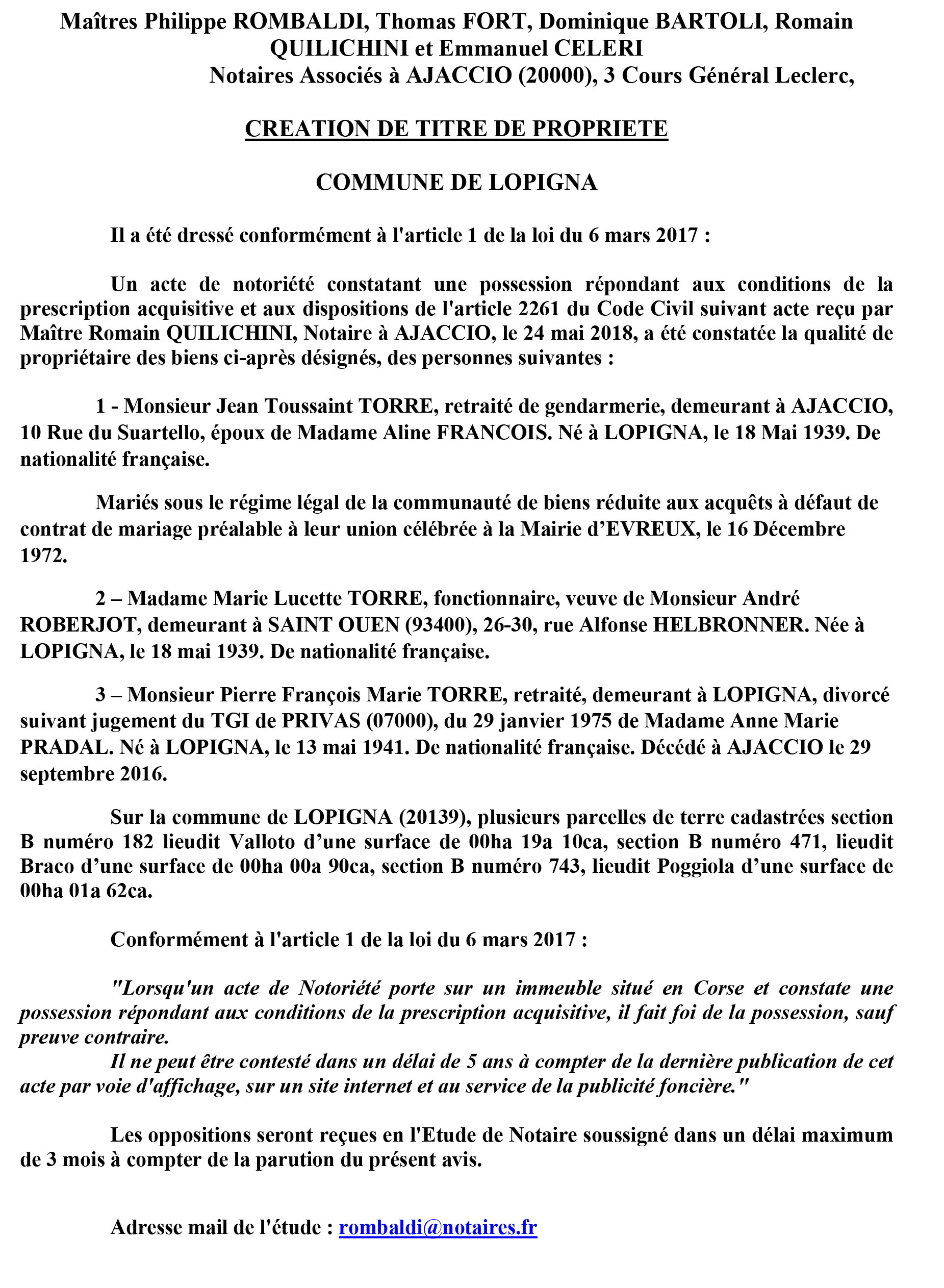 Avis de création de titre de propriété - commune de Lopigna (Corse du Sud)