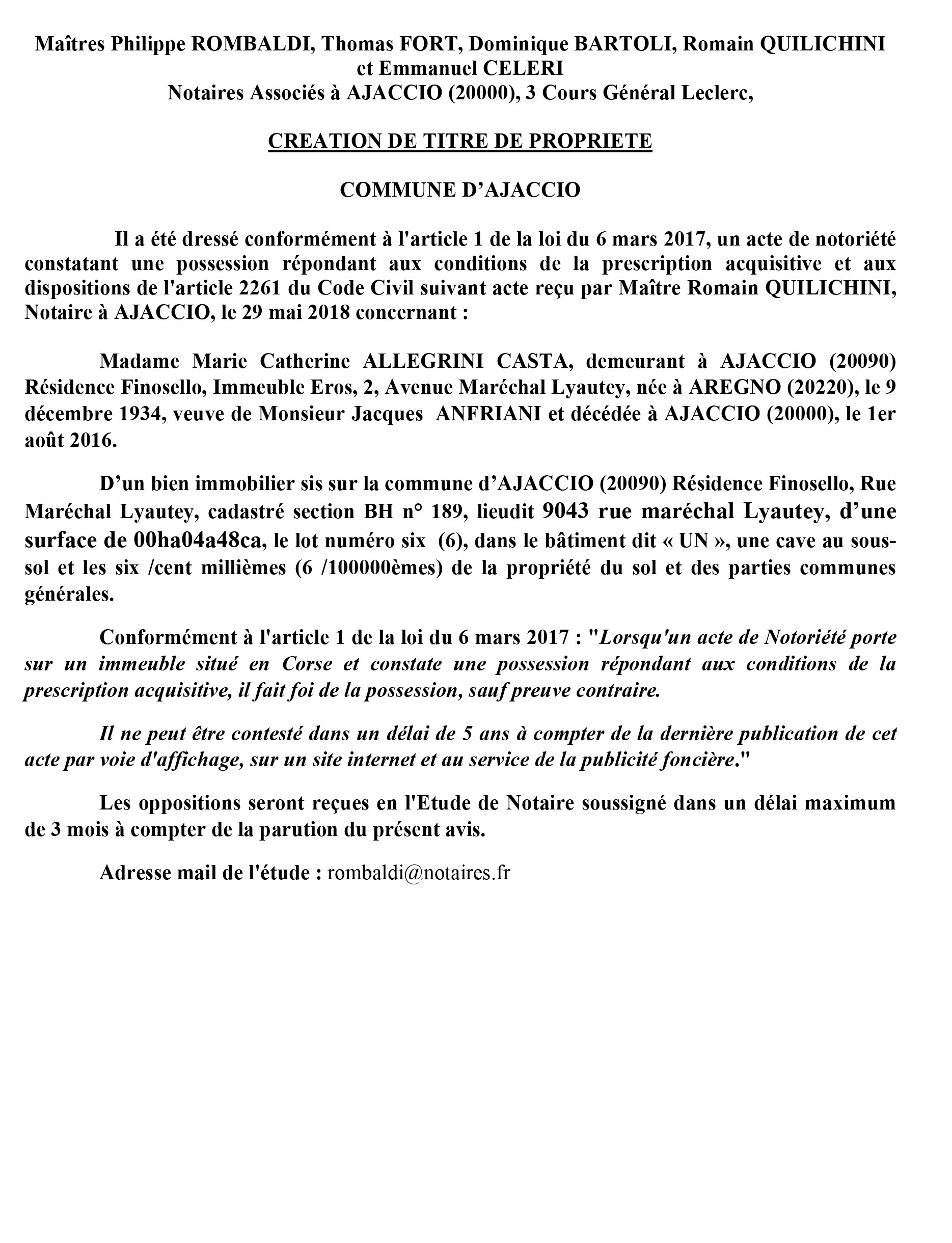 Avis de création de titre de propriété - commune d'Ajaccio (Corse du Sud)