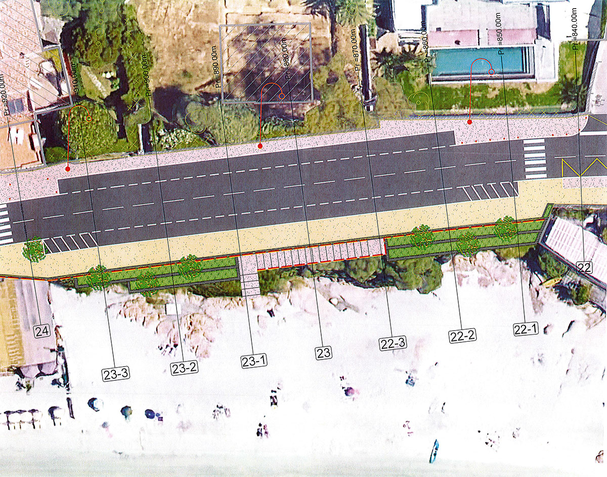 Plan d'amènagement de la zone verte avec mur de soutènement et accès à la plage