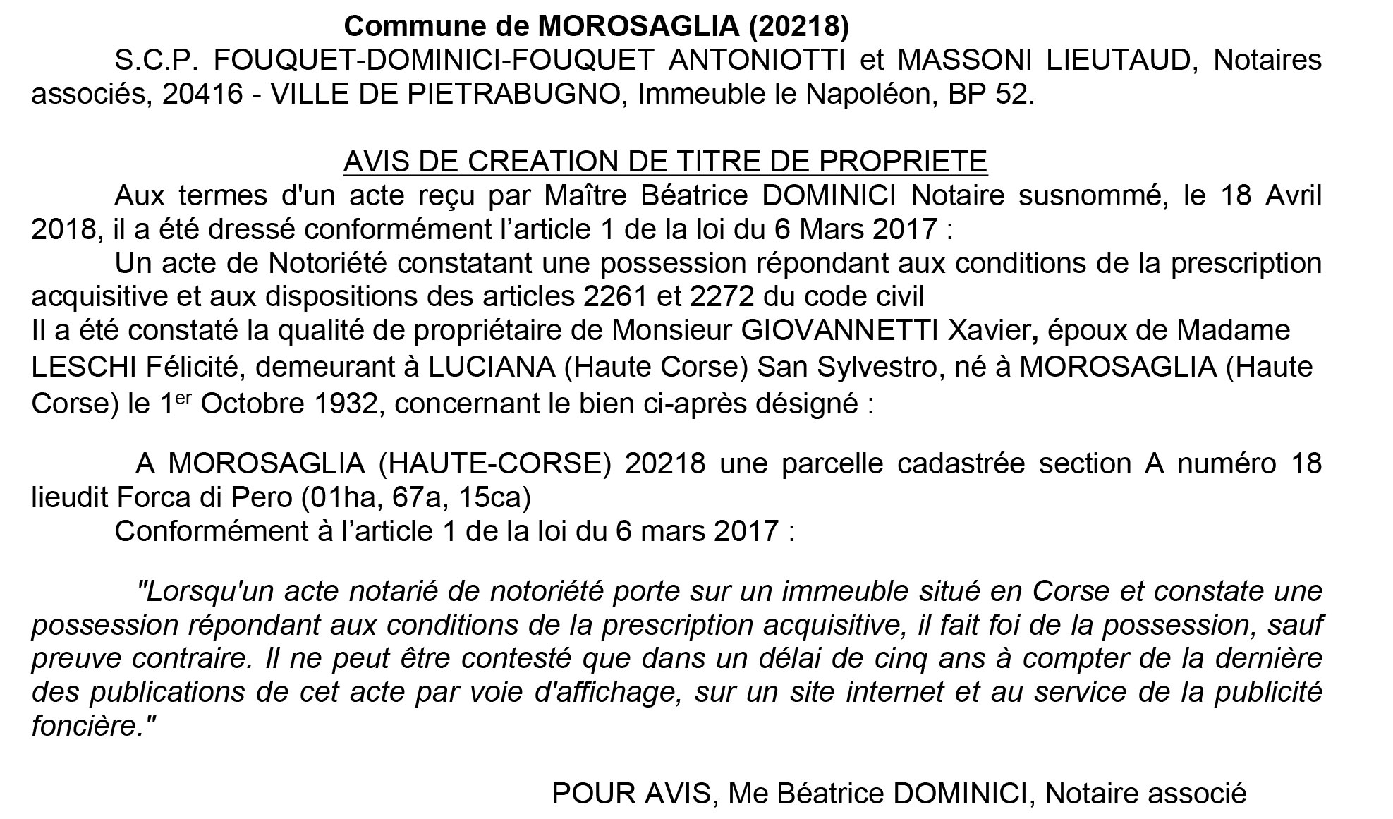 Avis de création de titre de propriété - commune de Morosaglia (Haute-Corse)
