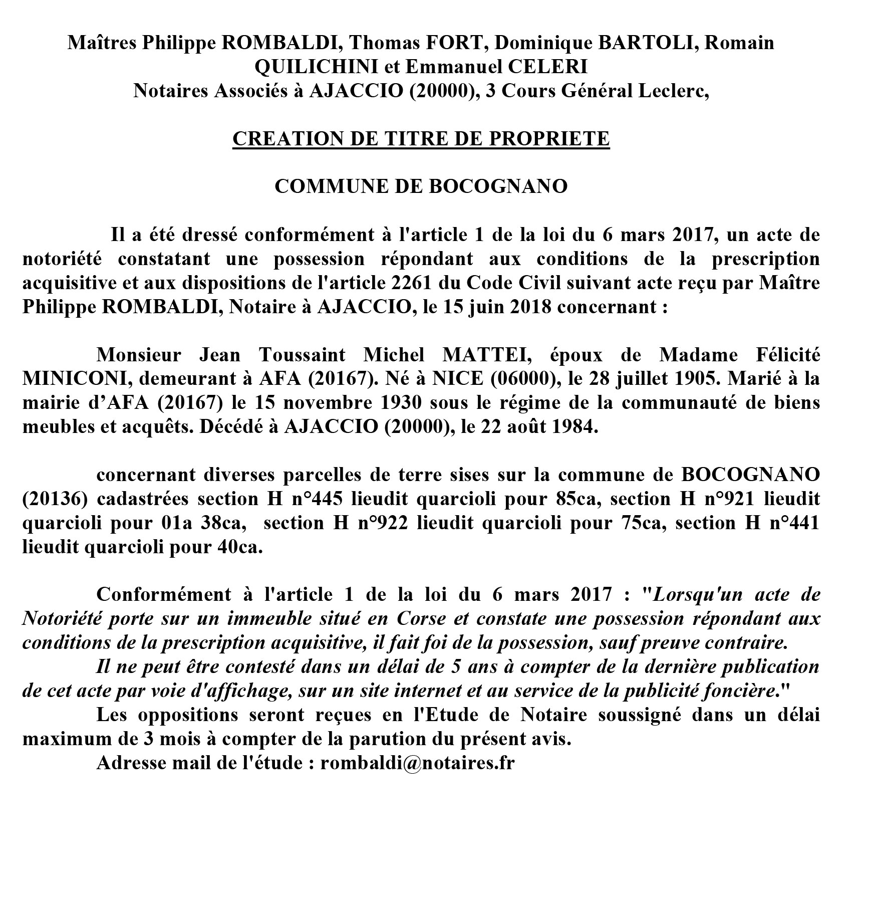 Avis de création de titre de propriété - commune de Bocognano (Corse du Sud)