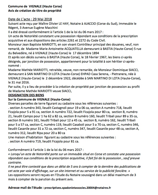 Avis de création de titre de propriété - commune de Vignale (Haute-Corse) Avis de création de titre de propriété - commune de Vignale (Haute-Corse)