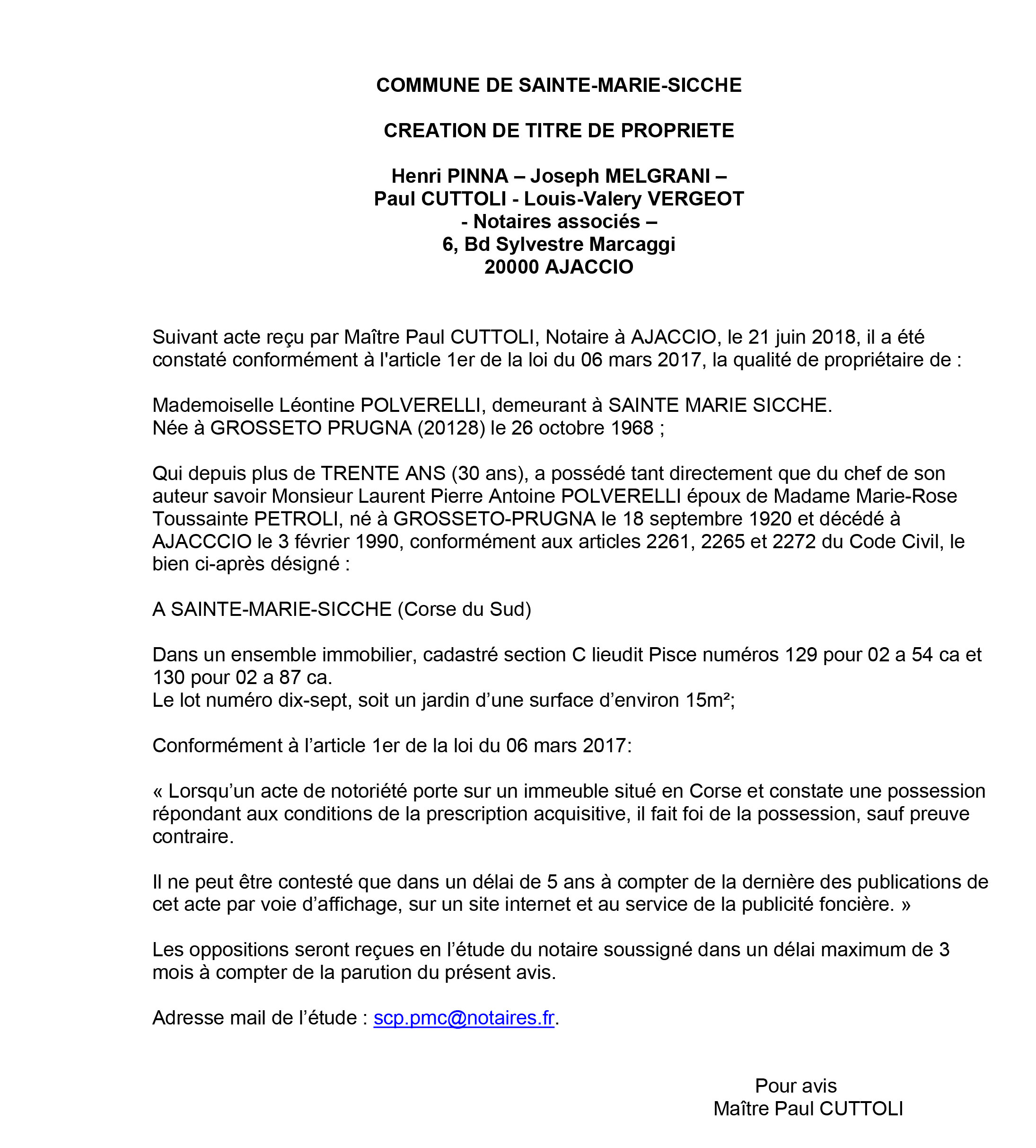 Avis de création de titre de propriété - commune de Sainte-Marie-Sicche (Corse du Sud)