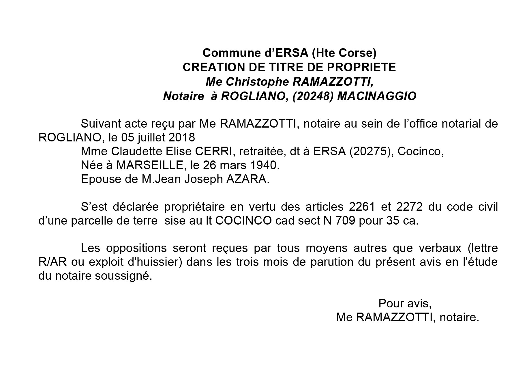 Avis de création de titre de propriété - commune d'Ersa (Haute-Corse)