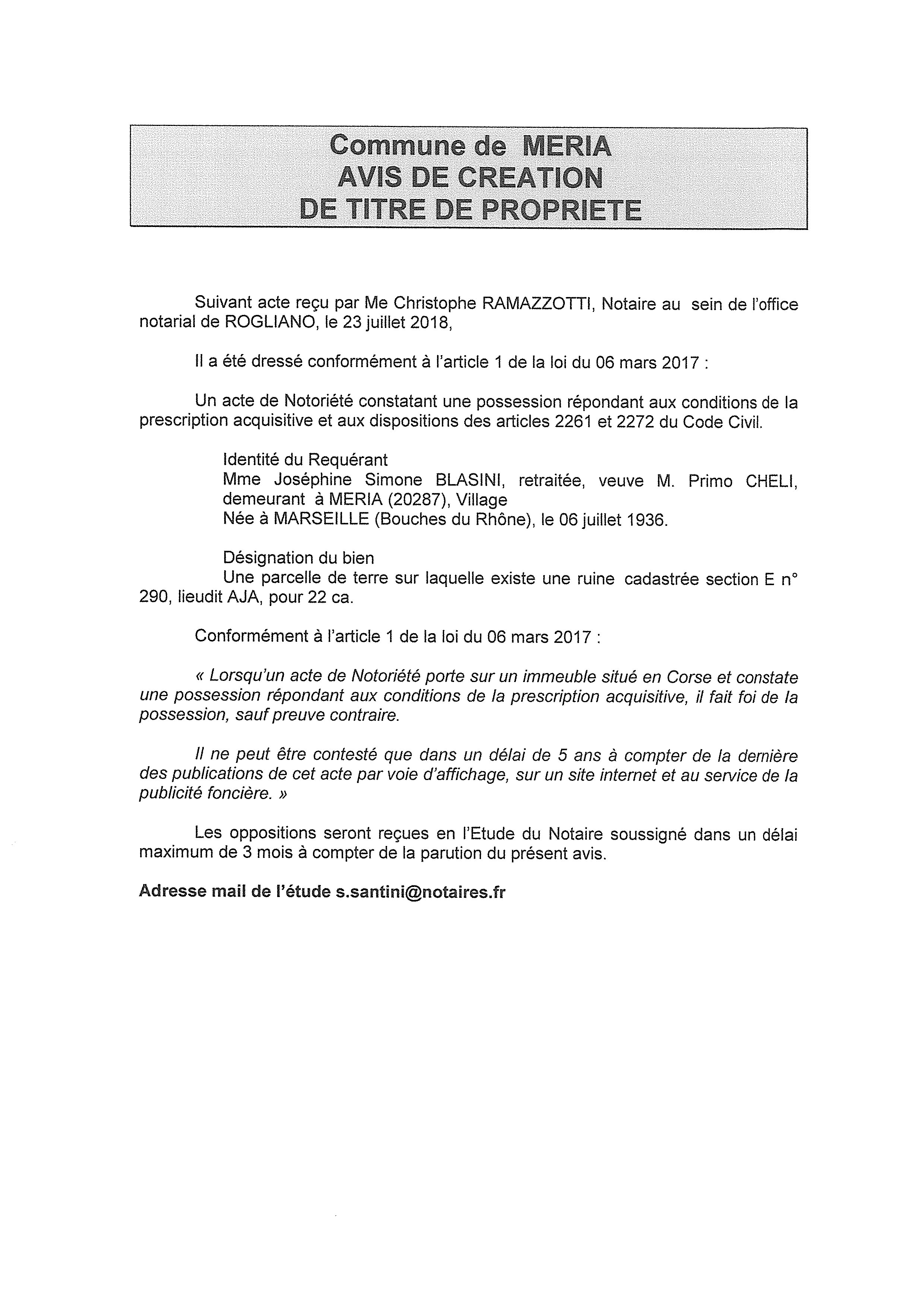 Avis de création de titre de propriété - commune de Prunelli di Fiumorbu (Haute-Corse)
