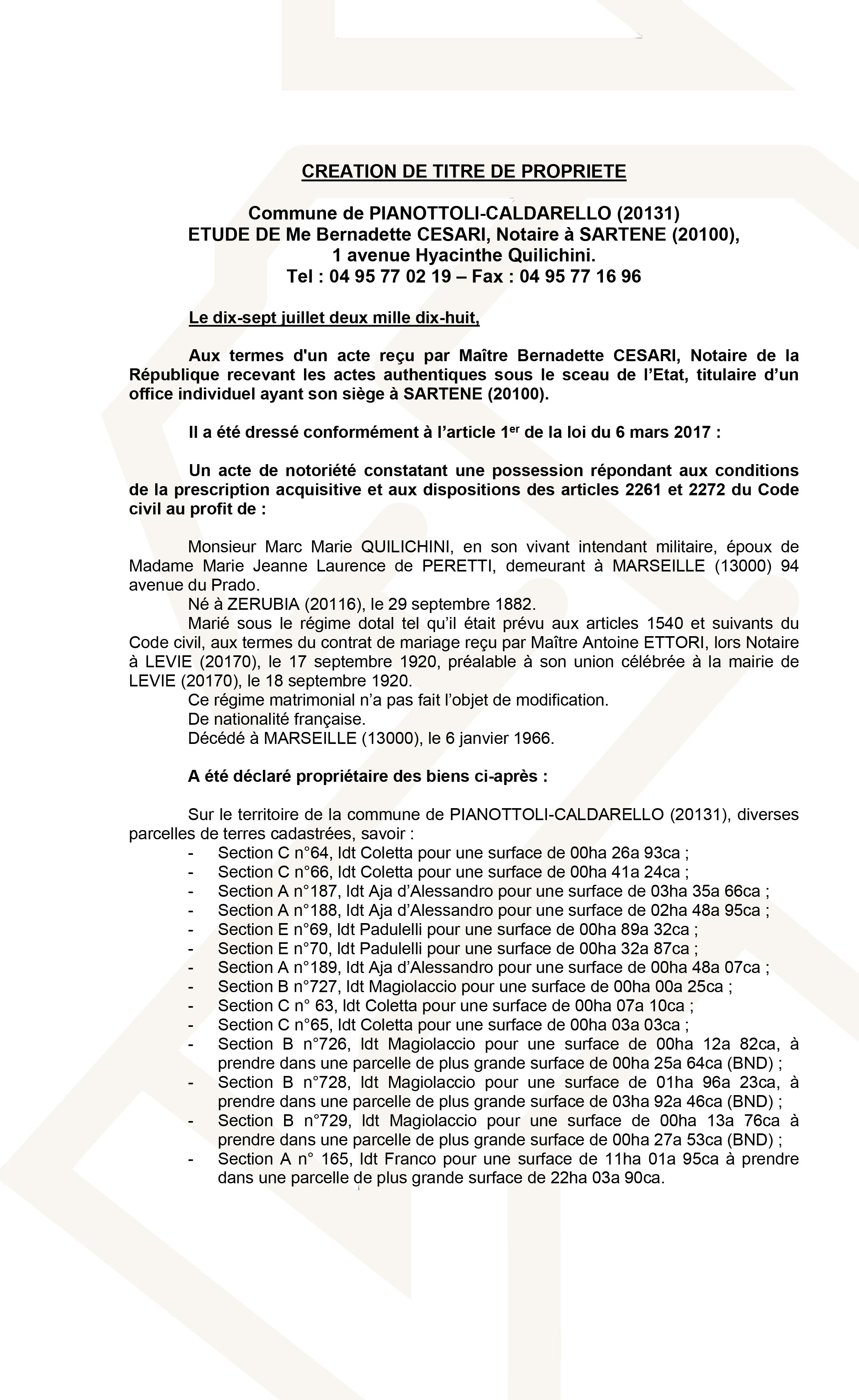 Avis de création de titre de propriété - commune de Pianottoli-Caldarello (Corse du Sud)