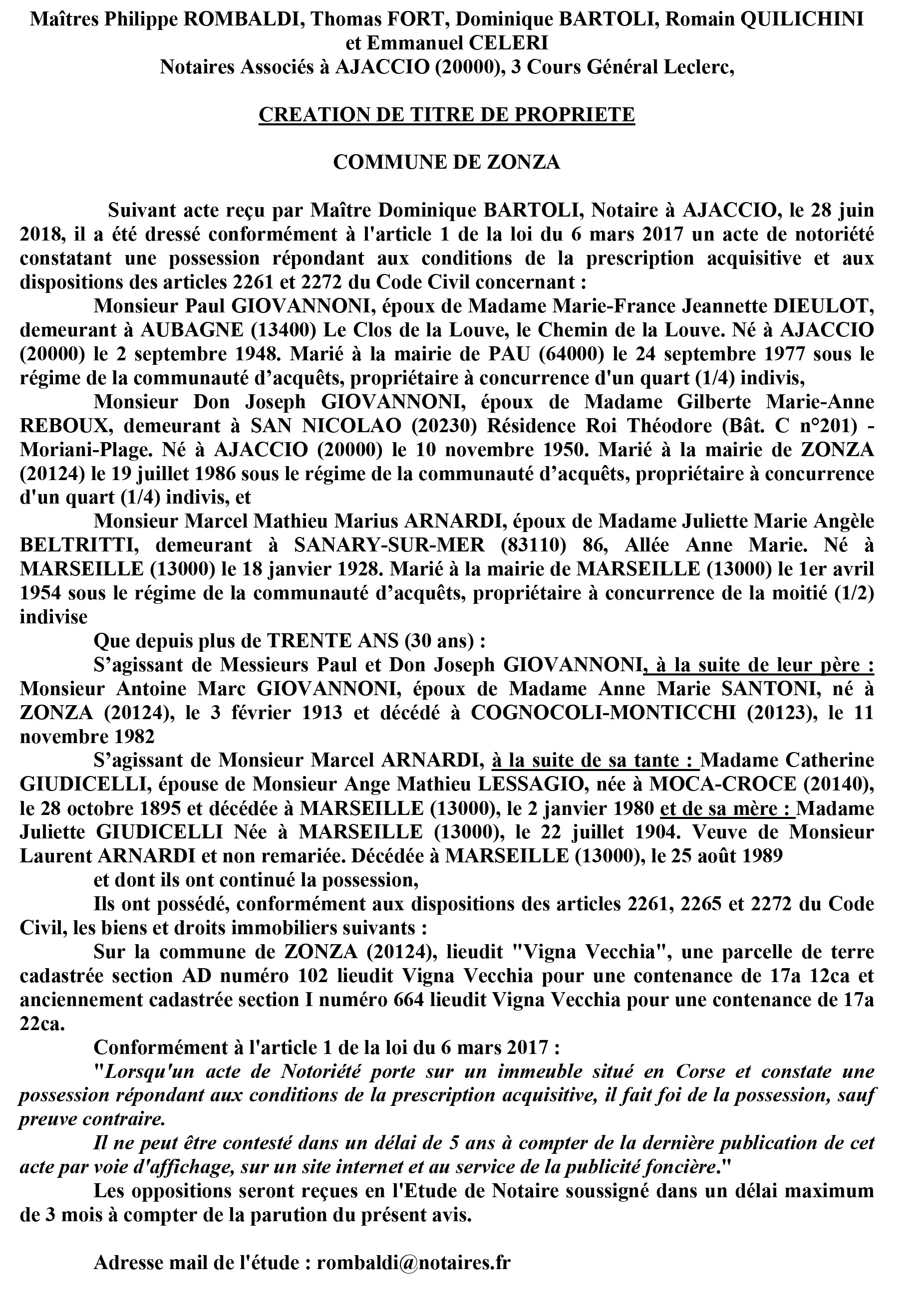 Avis de création de titre de propriété - commune de Zonza (Corse du Sud)