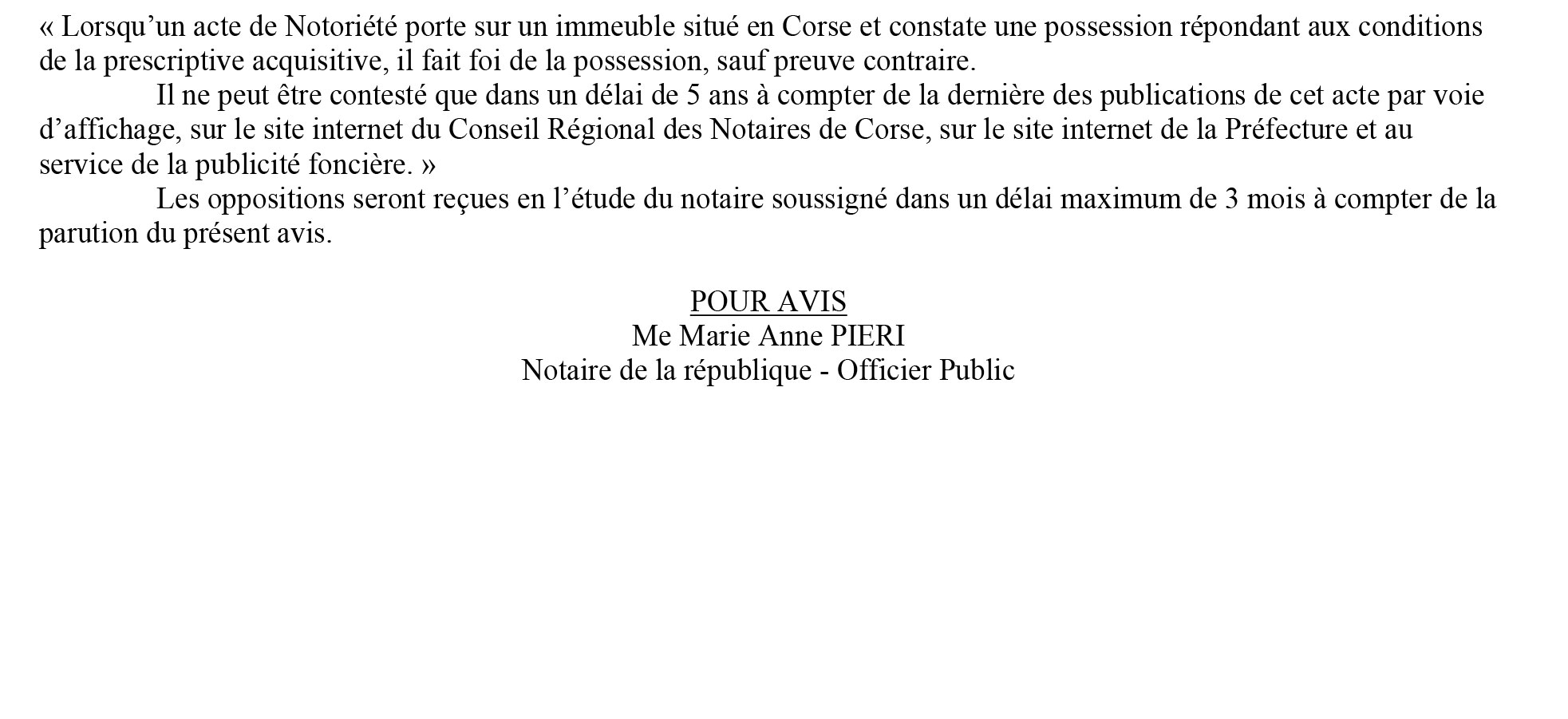 Avis de création de titre de propriété - commune de Vignale (Haute-Corse)
