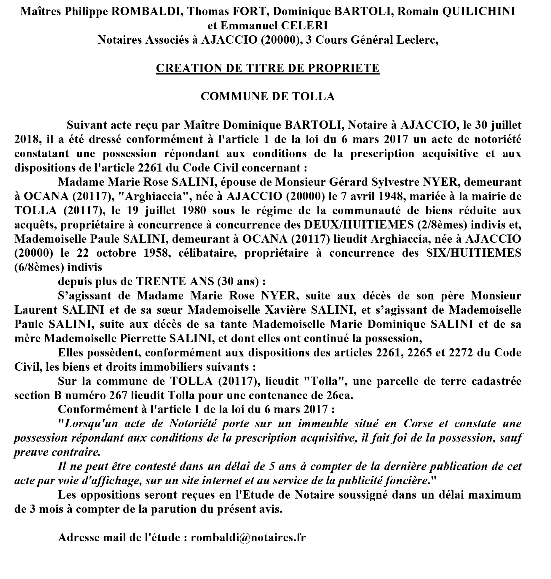 Avis de création de titre de propriété - commune de Tolla (Corse du Sud)