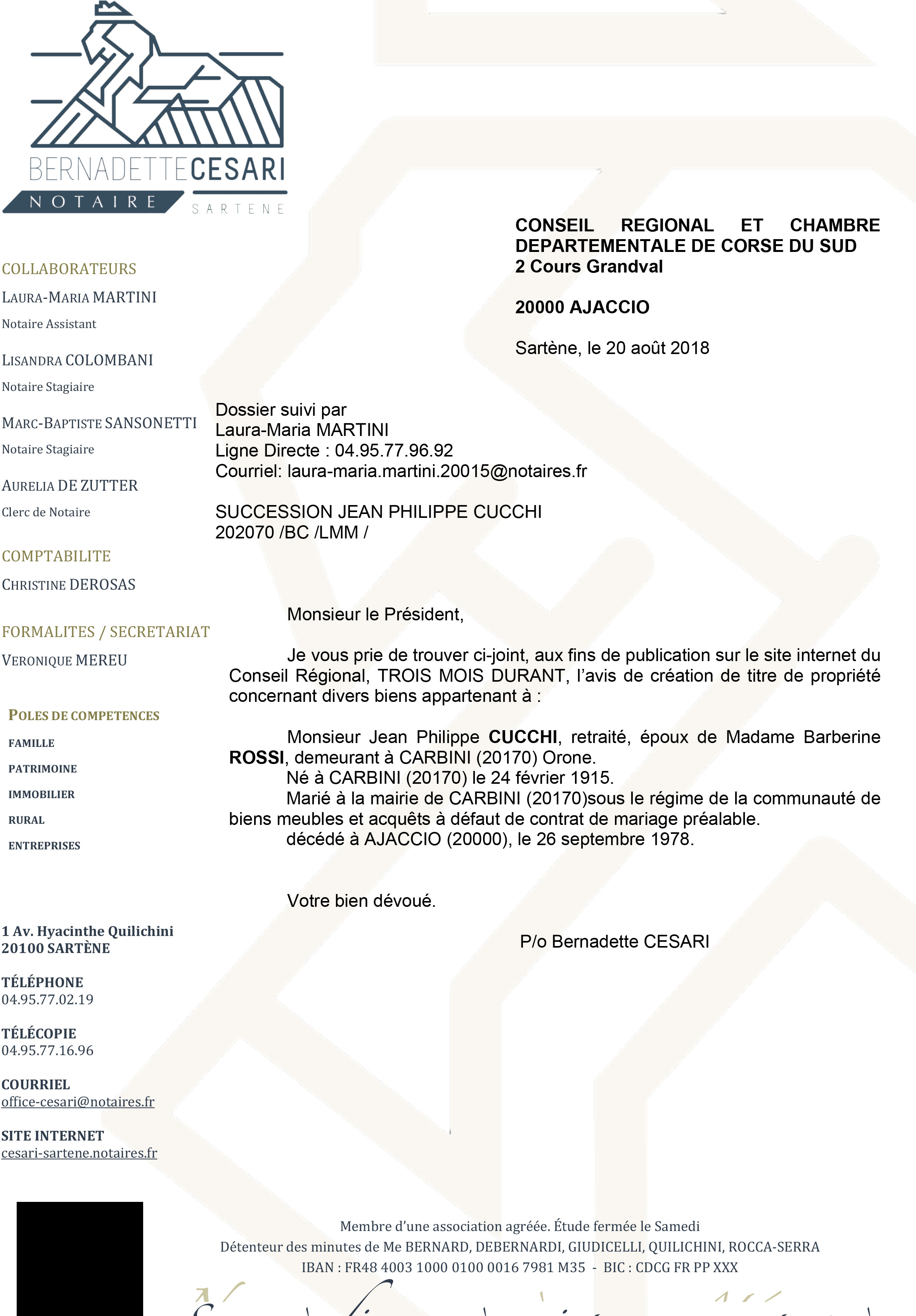Avis de création de titre de propriété - commune de Carbini (Corse du Sud)