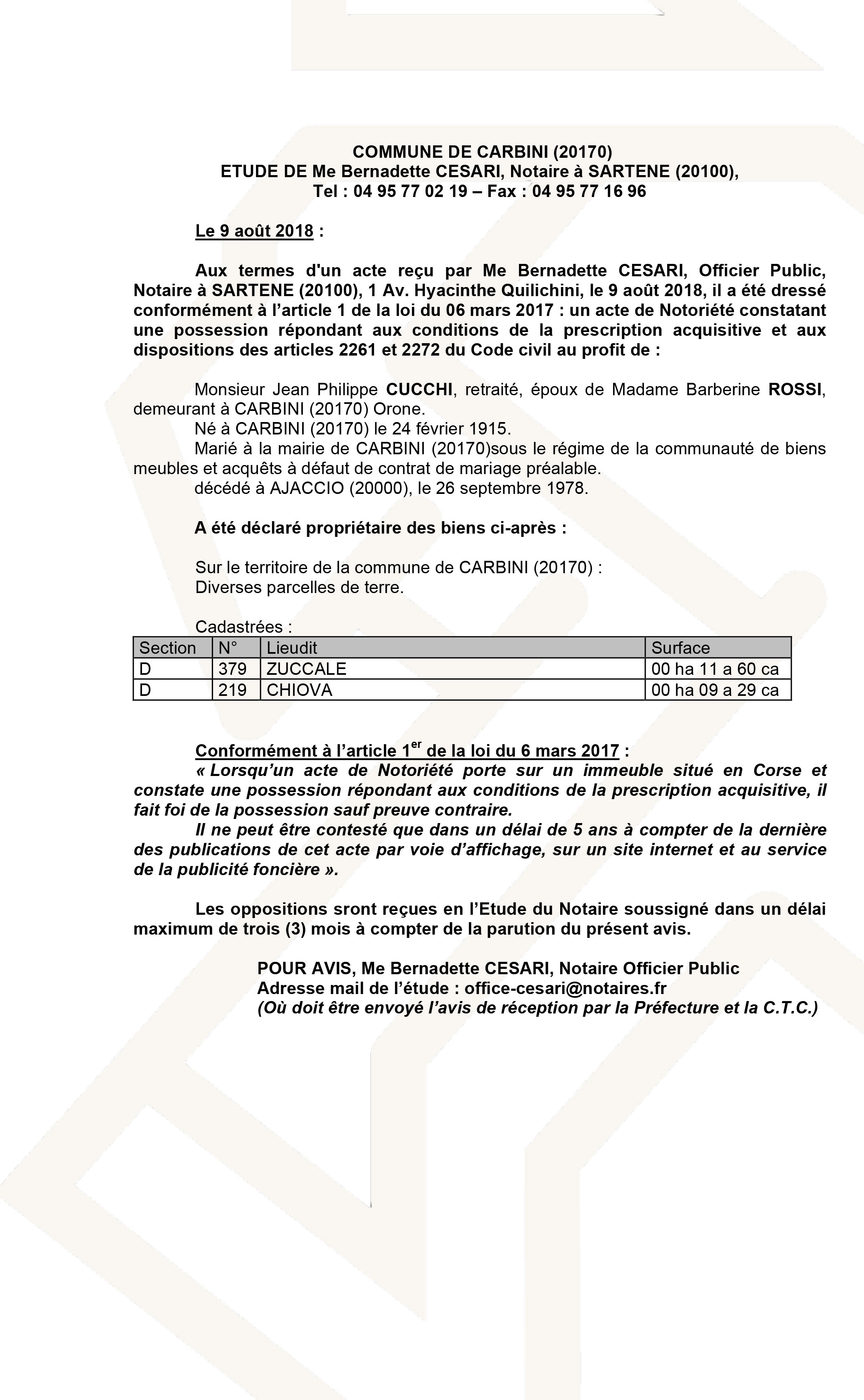Avis de création de titre de propriété - commune de Carbini (Corse du Sud)