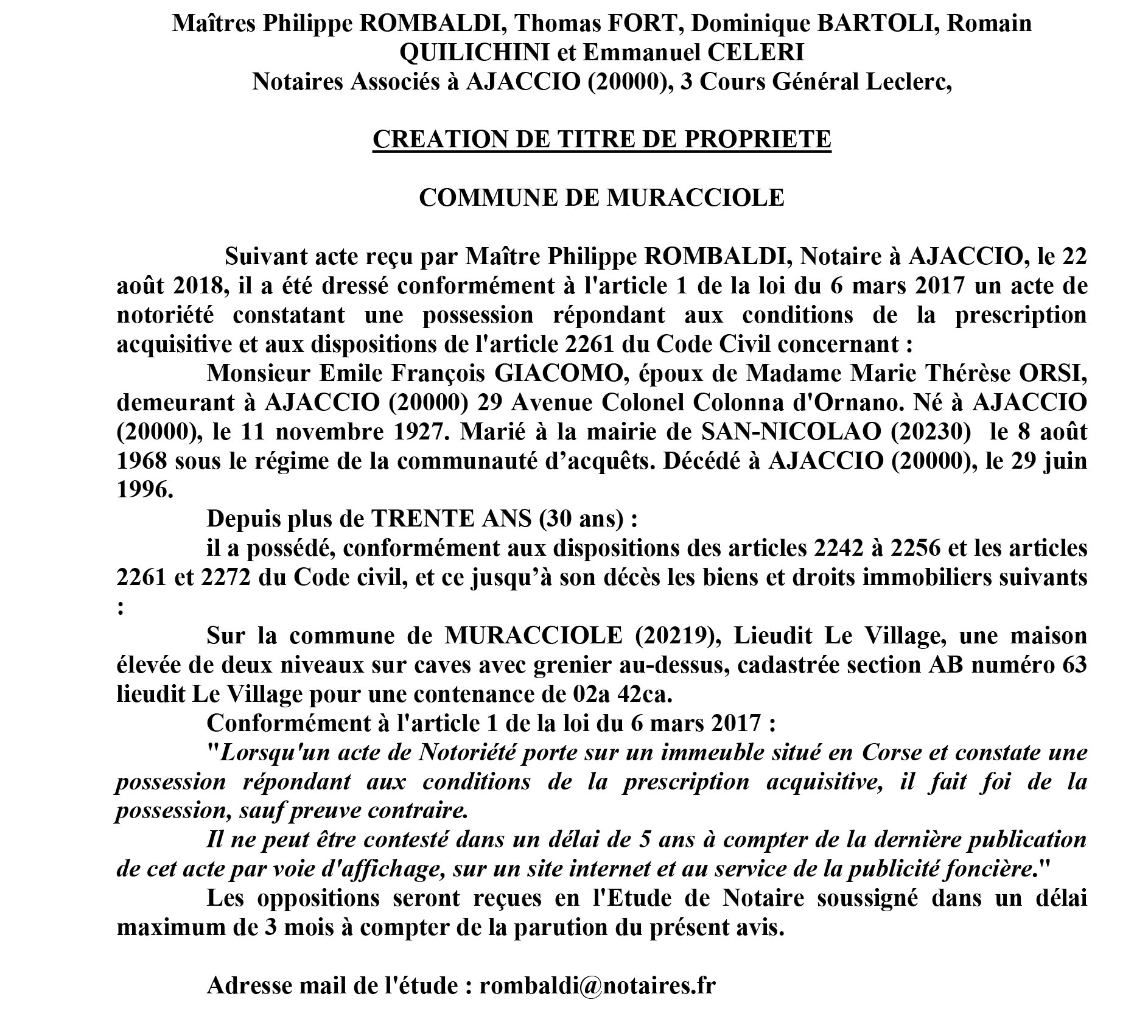 Avis de création de titre de propriété - commune de Muracciole (Haute-Corse)