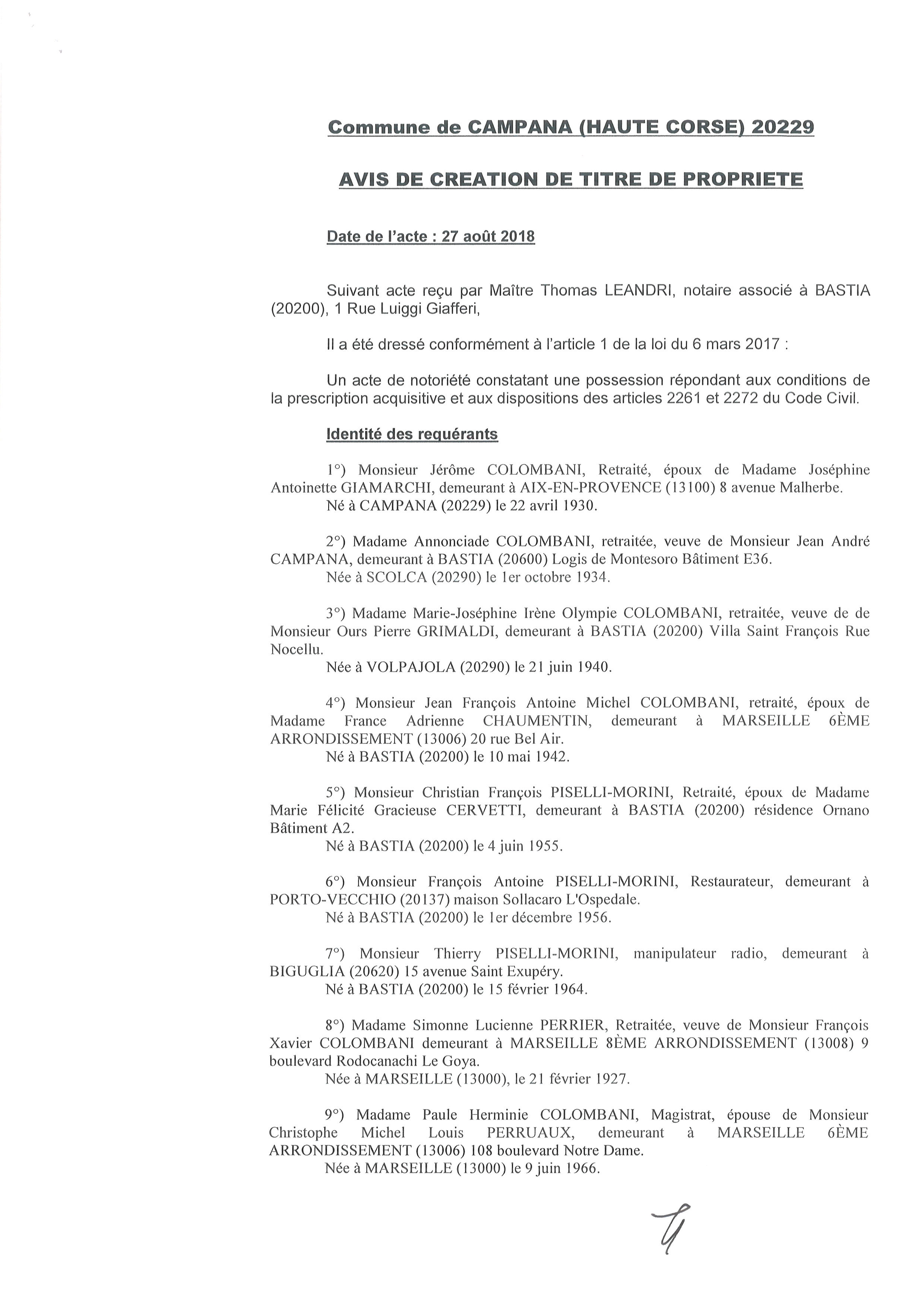 Avis de création de titre de propriété - commune de Campana (Haute-Corse)