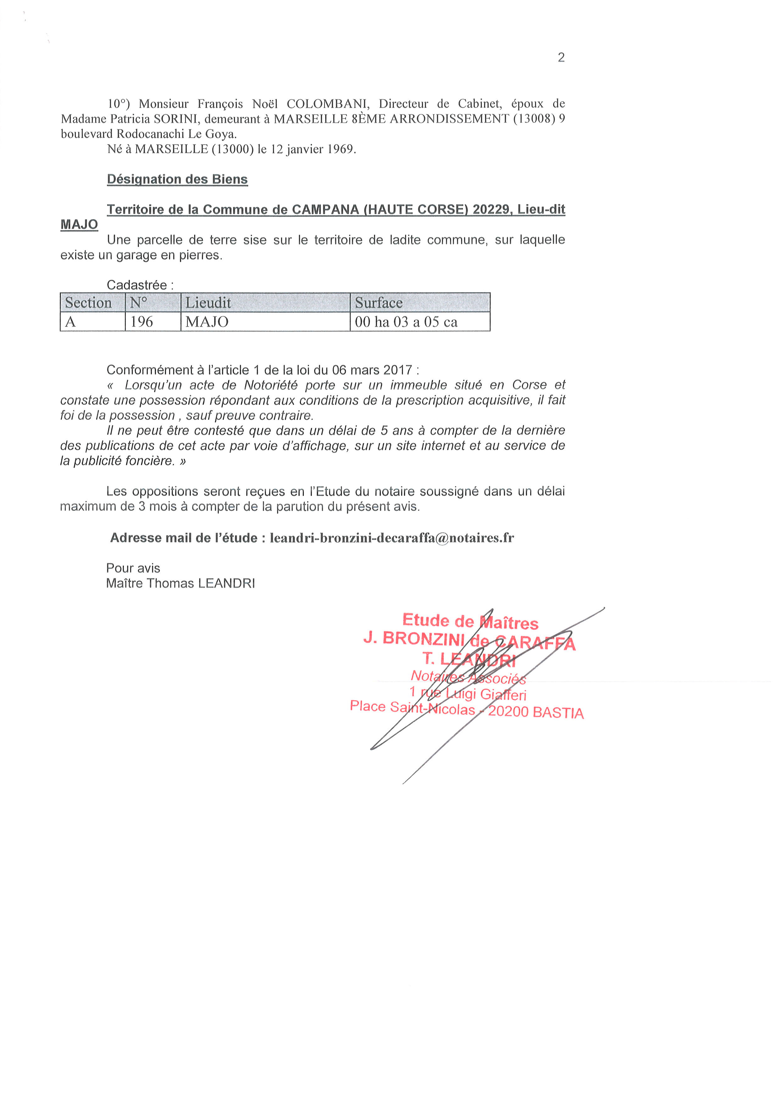 Avis de création de titre de propriété - commune de Campana (Haute-Corse)