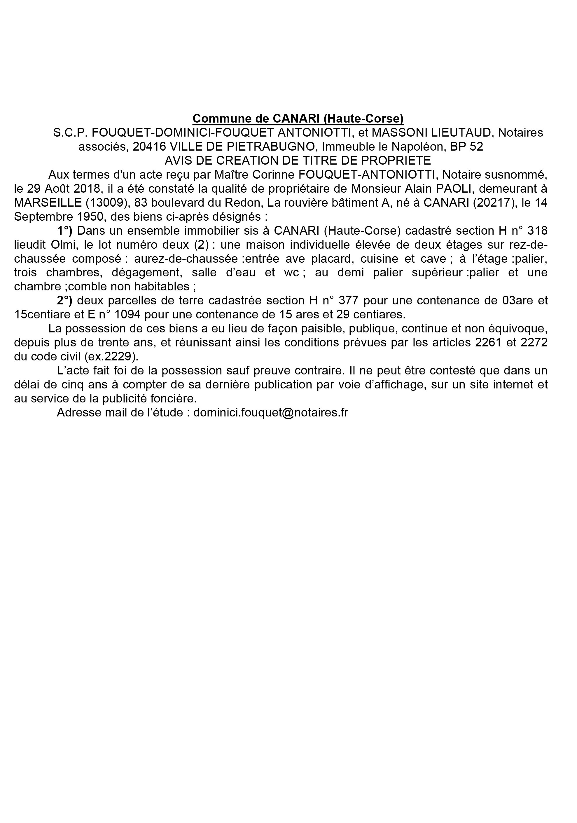 Avis de création de titre de propriété - commune de Canari (Haute-Corse)