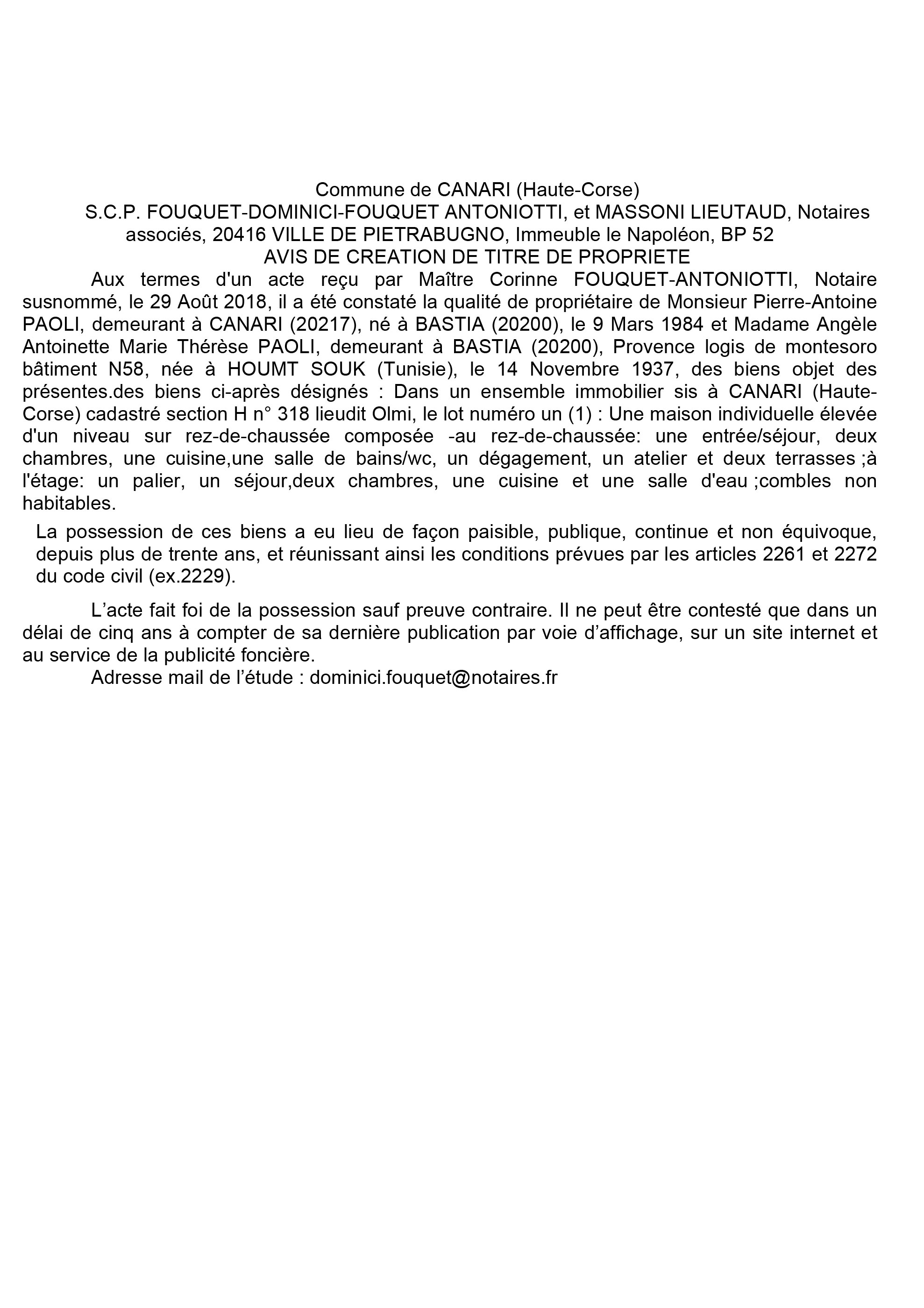 Avis de création de titre de propriété - commune de Canari (Haute-Corse)